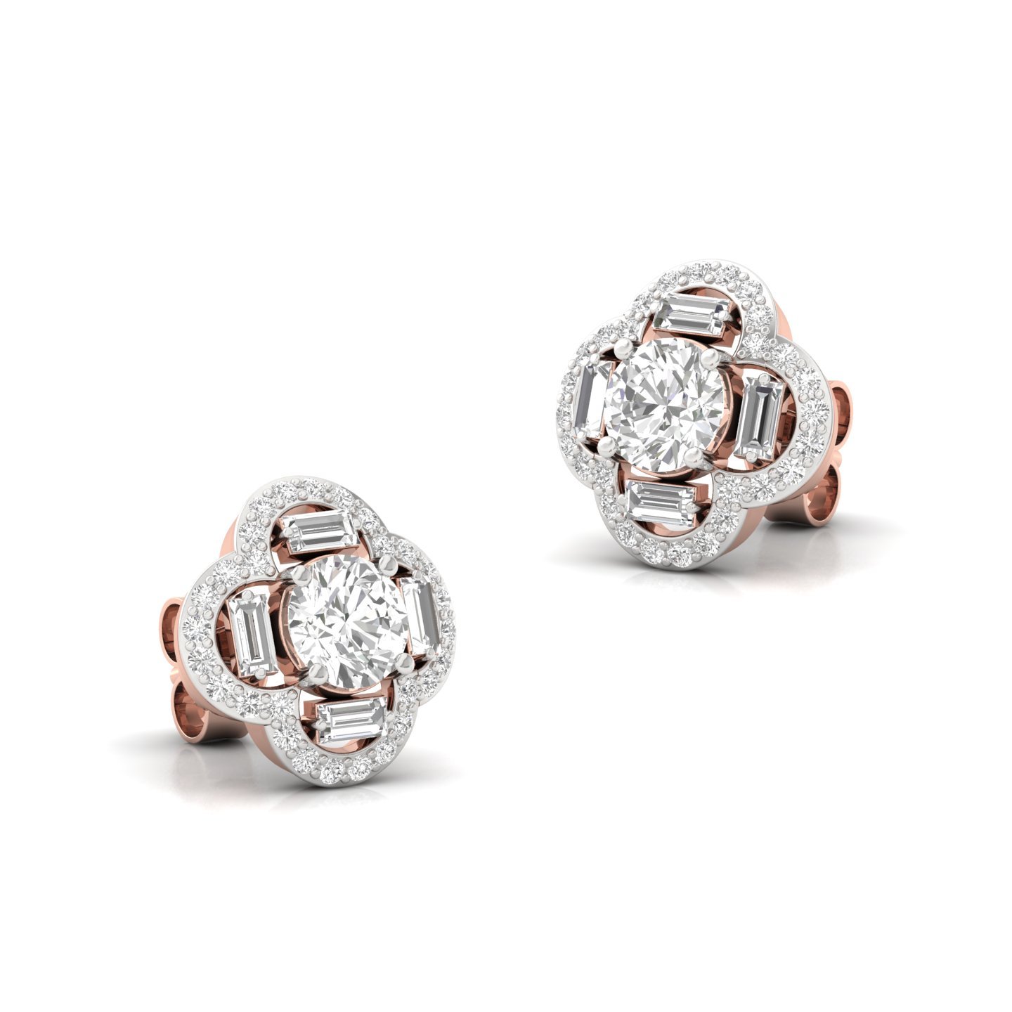 Round & Baguette Diamond Stud Earrings (1 Pair) | Lab Grown CVD Diamond Cluster Floral Studs | 925 Silver | 10K | 14K | 18K - View 3