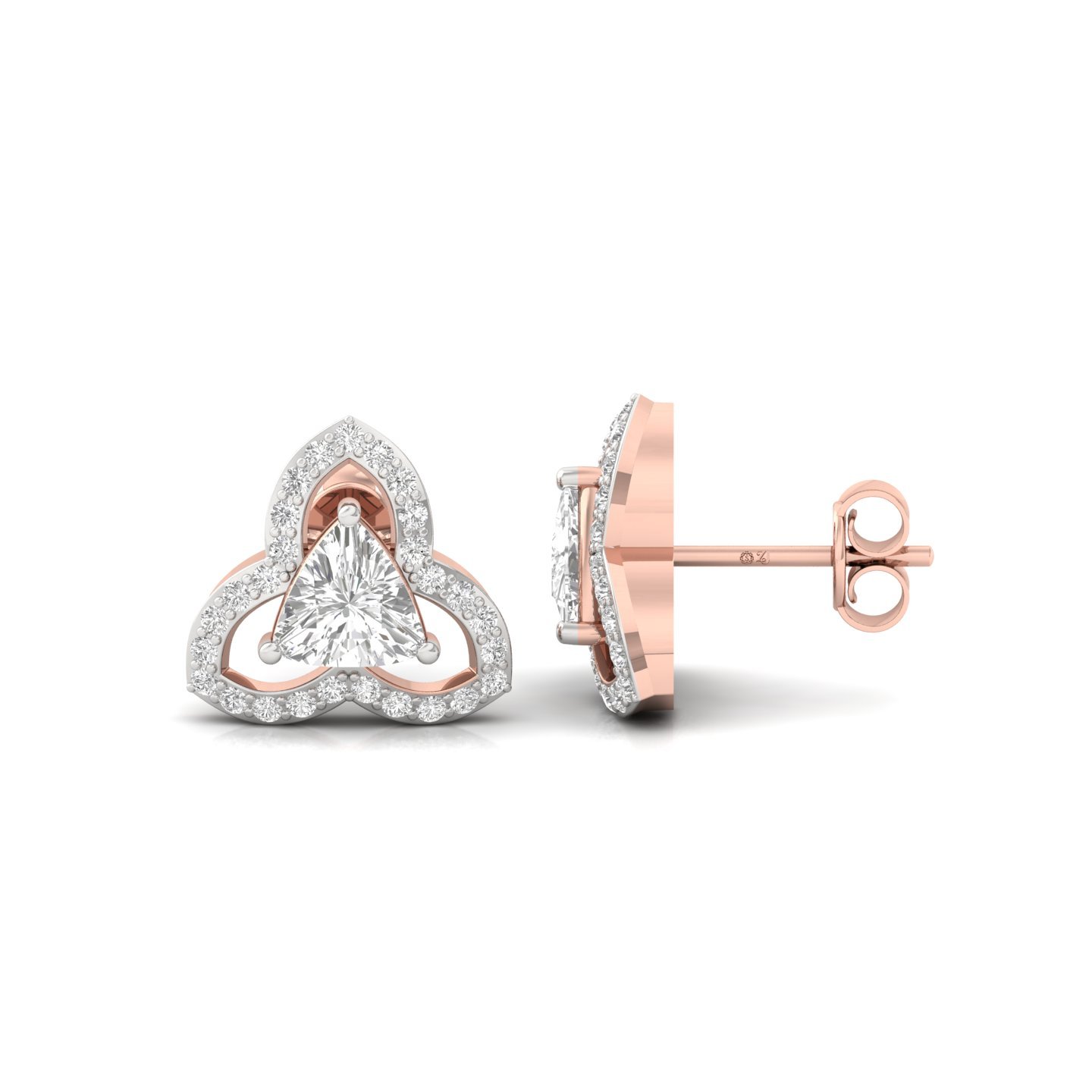Trillion Cut Diamond Stud Earrings (1 Pair) | Lab Grown CVD Diamond Halo Studs | 925 Silver | 10K | 14K | 18K - Rose Gold Main View