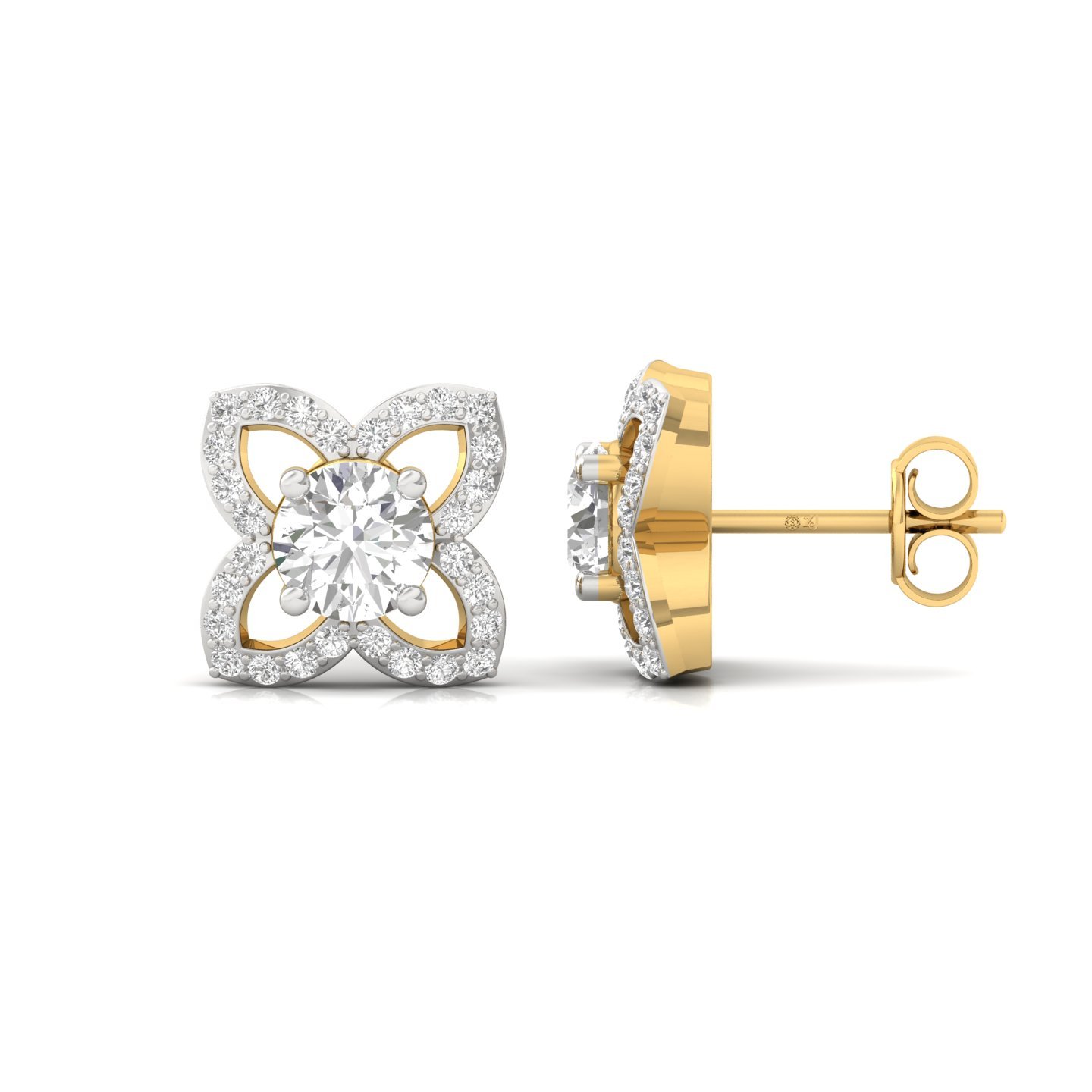 Round Cut Diamond Stud Earrings (1 Pair) | Lab Grown CVD Diamond Floral Halo Earrings | 925 Silver | 10K | 14K | 18K - Gold Main View