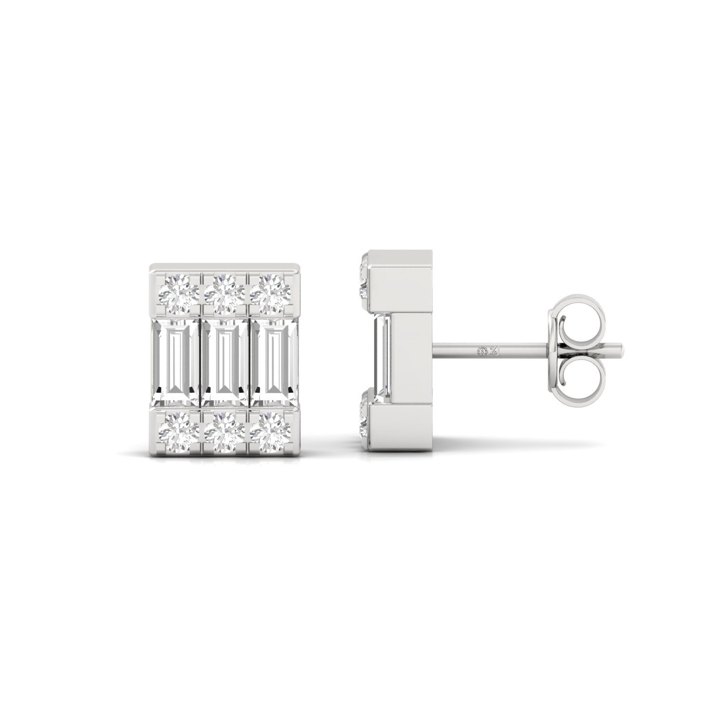 Baguette & Round Cut Diamond Stud Earrings (1 Pair) | Modern Lab Grown CVD Diamond Geometric Earrings | 925 Silver | 10K | 14K | 18K - Main View