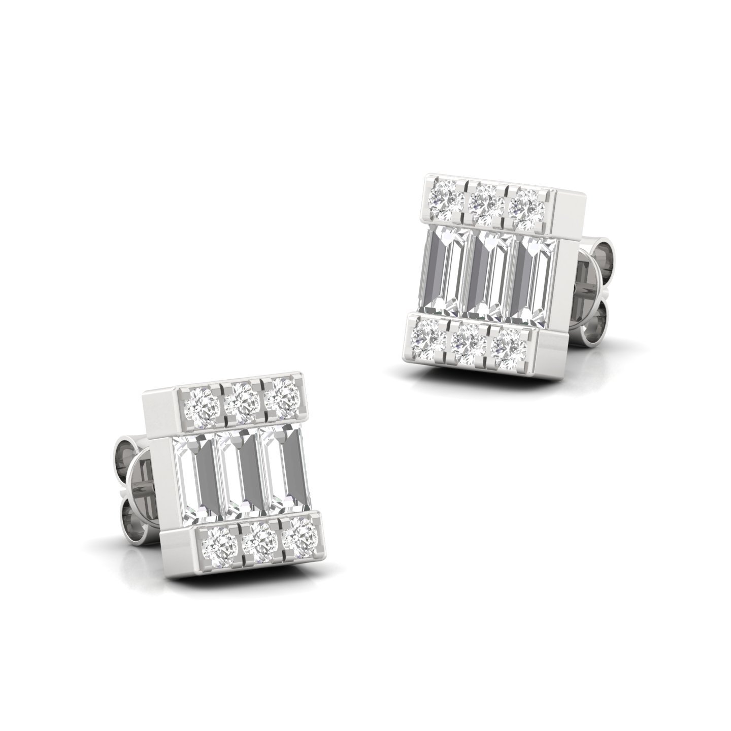 Baguette & Round Cut Diamond Stud Earrings (1 Pair) | Modern Lab Grown CVD Diamond Geometric Earrings | 925 Silver | 10K | 14K | 18K - View 3