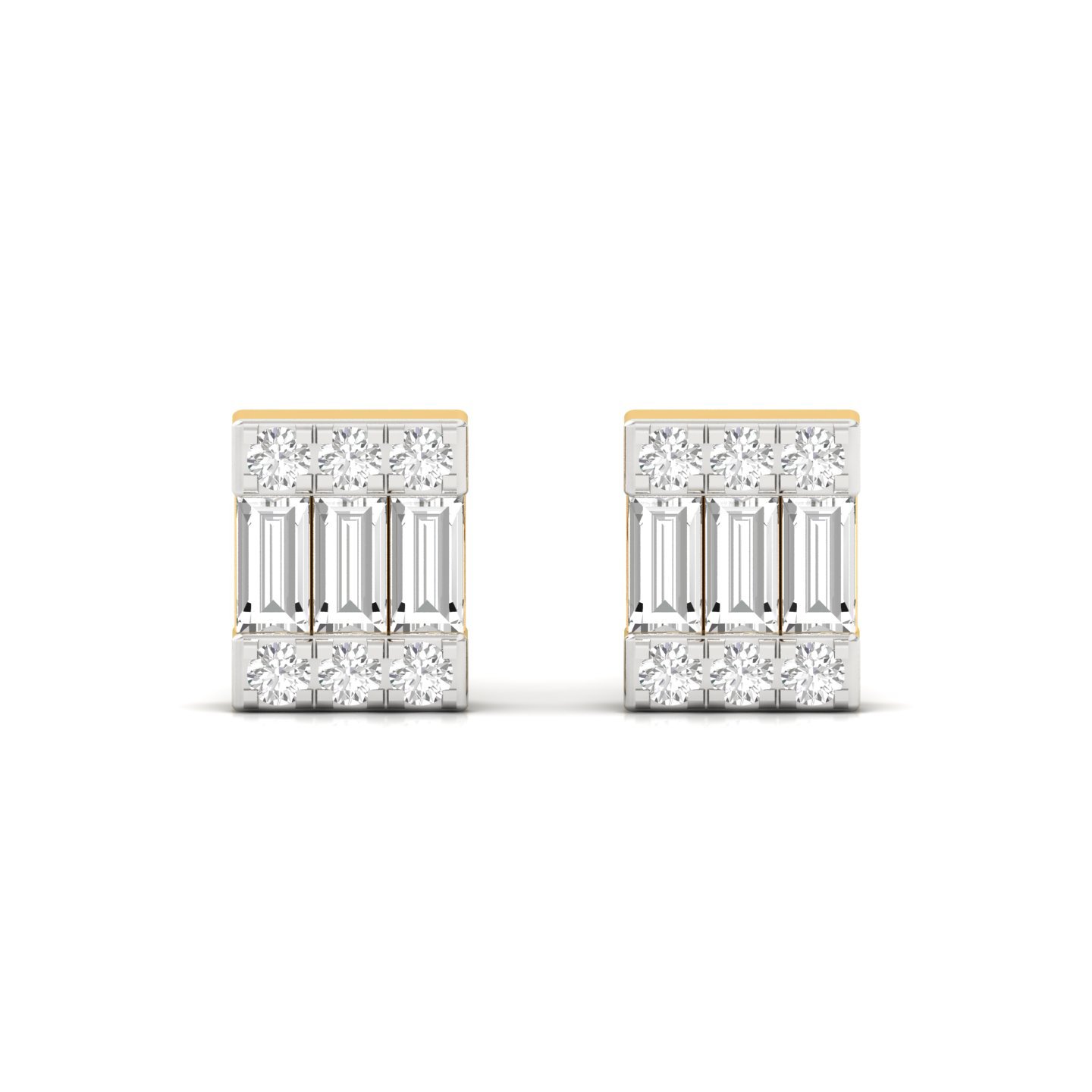 Baguette & Round Cut Diamond Stud Earrings (1 Pair) | Modern Lab Grown CVD Diamond Geometric Earrings | 925 Silver | 10K | 14K | 18K - View 2