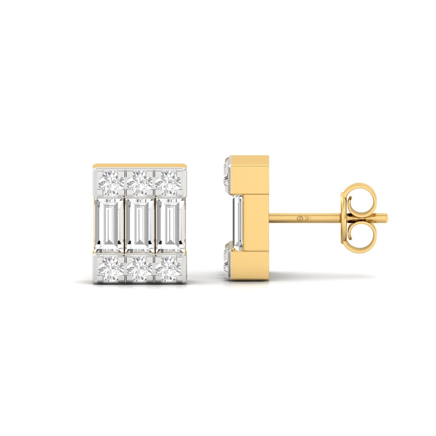 Baguette & Round Cut Diamond Stud Earrings (1 Pair) | Modern Lab Grown CVD Diamond Geometric Earrings | 925 Silver | 10K | 14K | 18K - Gold Main View