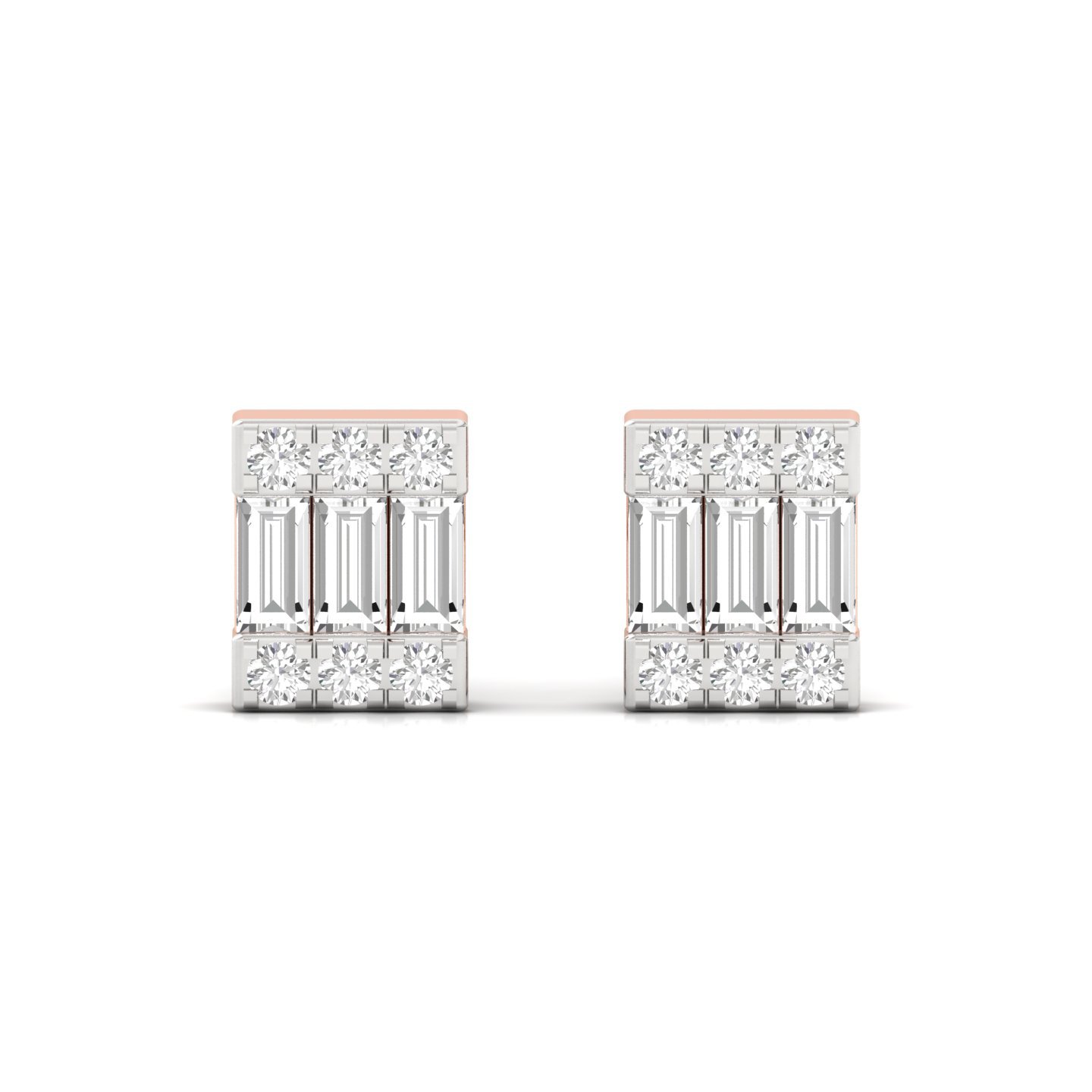 Baguette & Round Cut Diamond Stud Earrings (1 Pair) | Modern Lab Grown CVD Diamond Geometric Earrings | 925 Silver | 10K | 14K | 18K - View 2