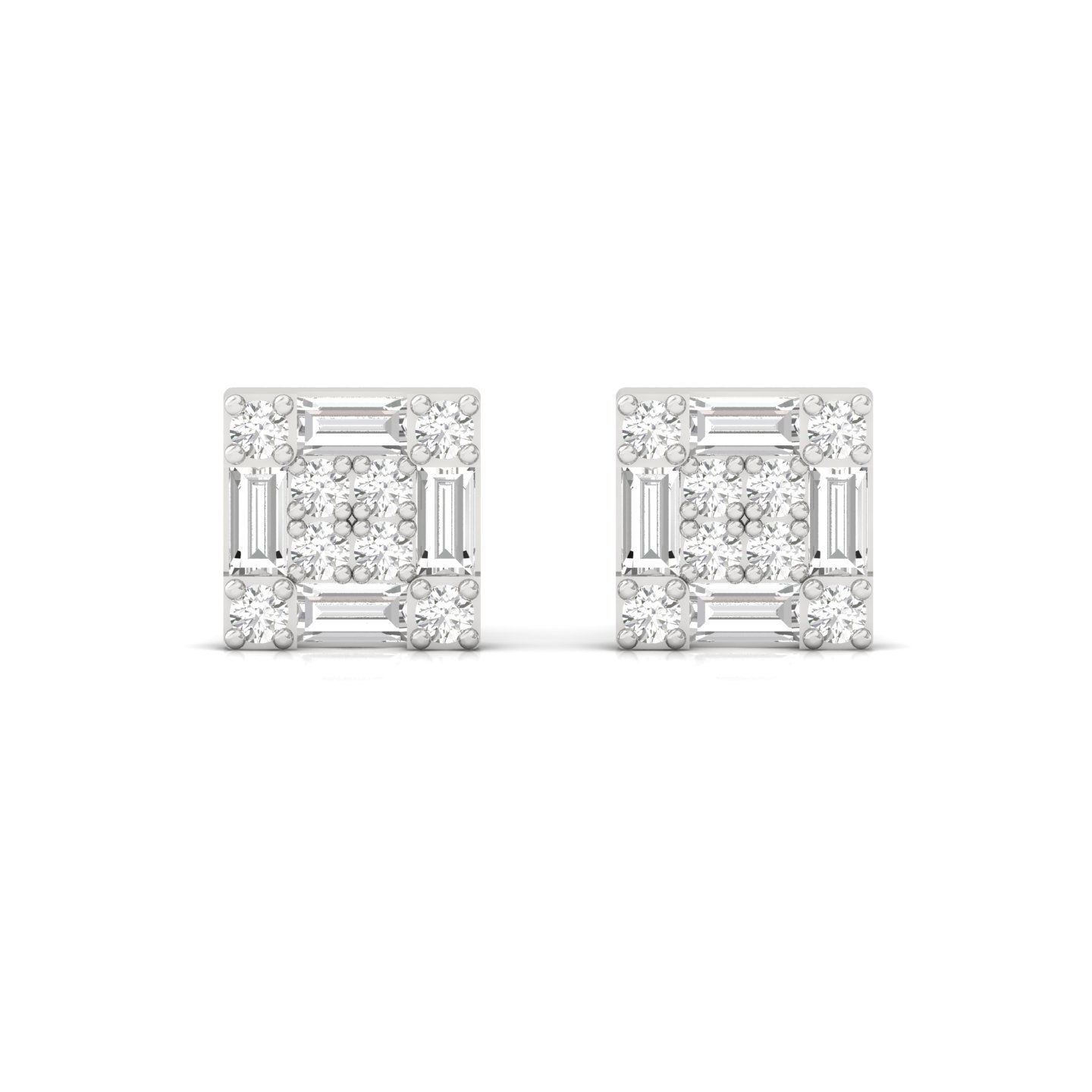 Baguette & Round Cut Diamond Square Stud Earrings (1 Pair) | Elegant Lab Grown CVD Diamond Cluster Earrings | 925 Silver | 10K | 14K | 18K - View 2