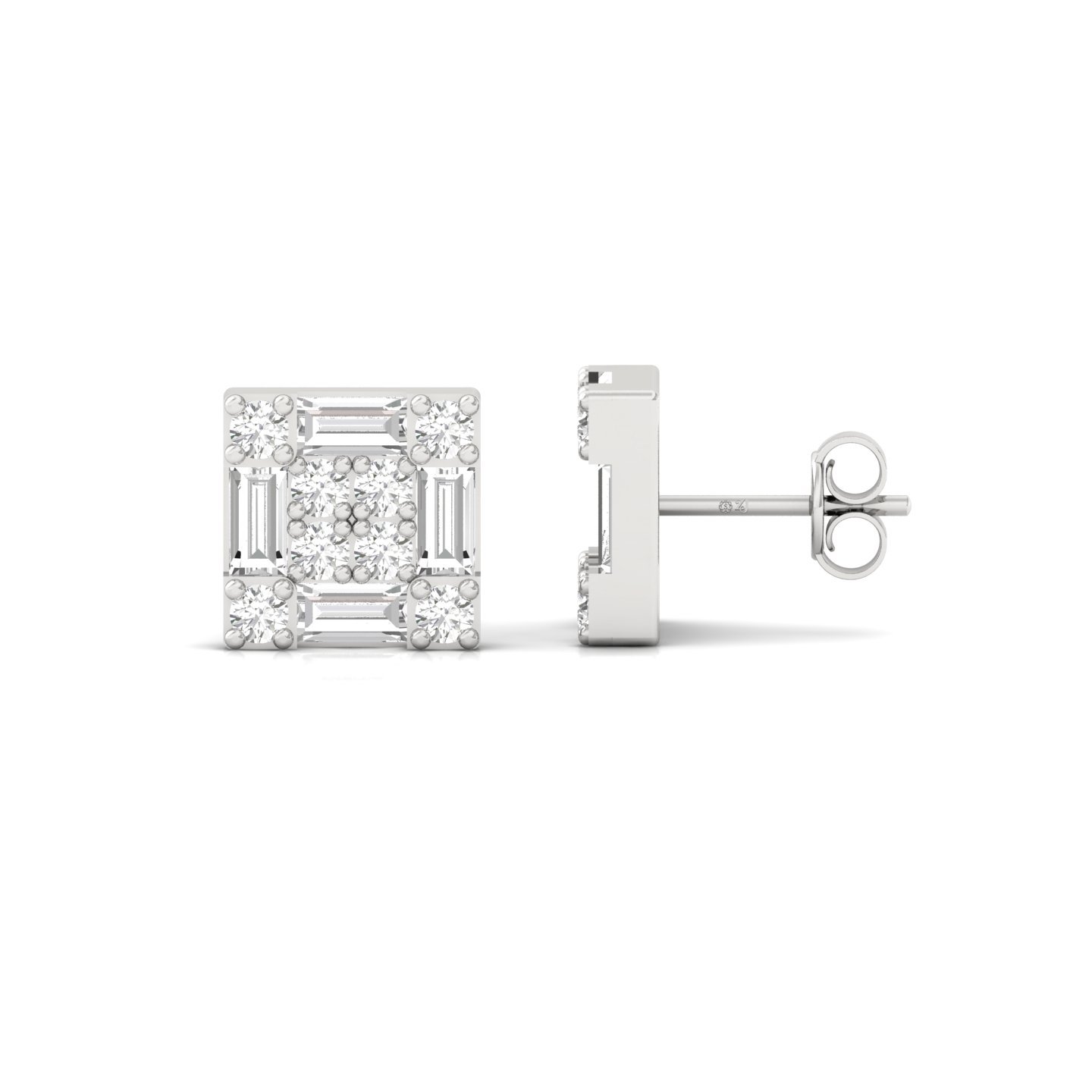 Baguette & Round Cut Diamond Square Stud Earrings (1 Pair) | Elegant Lab Grown CVD Diamond Cluster Earrings | 925 Silver | 10K | 14K | 18K - Main View