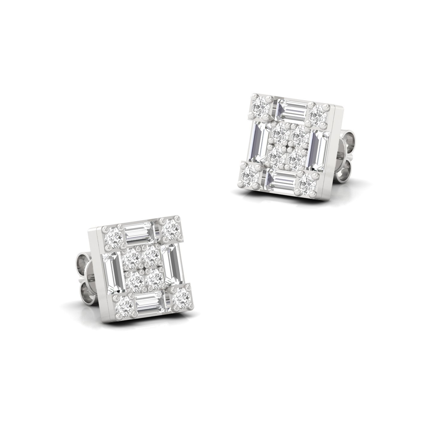 Baguette & Round Cut Diamond Square Stud Earrings (1 Pair) | Elegant Lab Grown CVD Diamond Cluster Earrings | 925 Silver | 10K | 14K | 18K - View 3