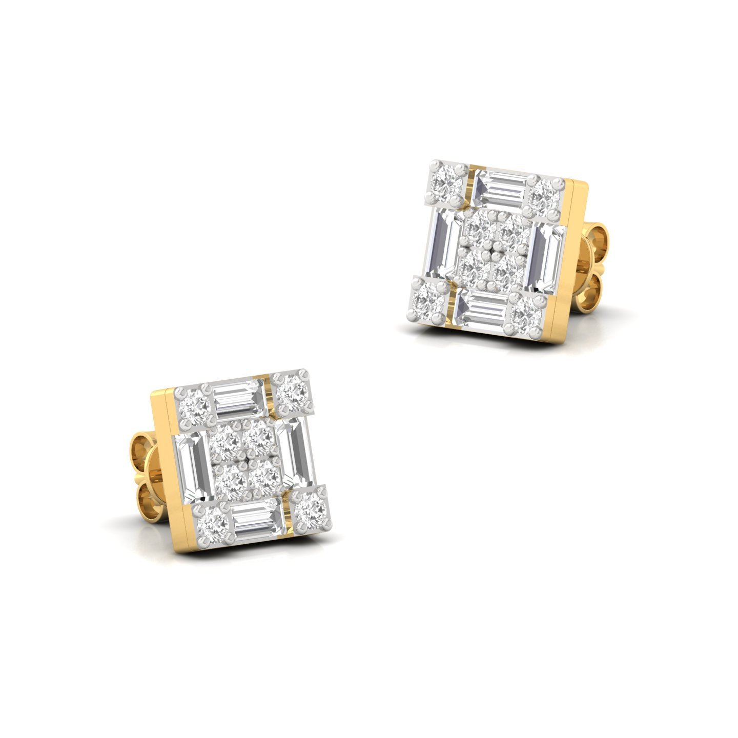 Baguette & Round Cut Diamond Square Stud Earrings (1 Pair) | Elegant Lab Grown CVD Diamond Cluster Earrings | 925 Silver | 10K | 14K | 18K - View 3