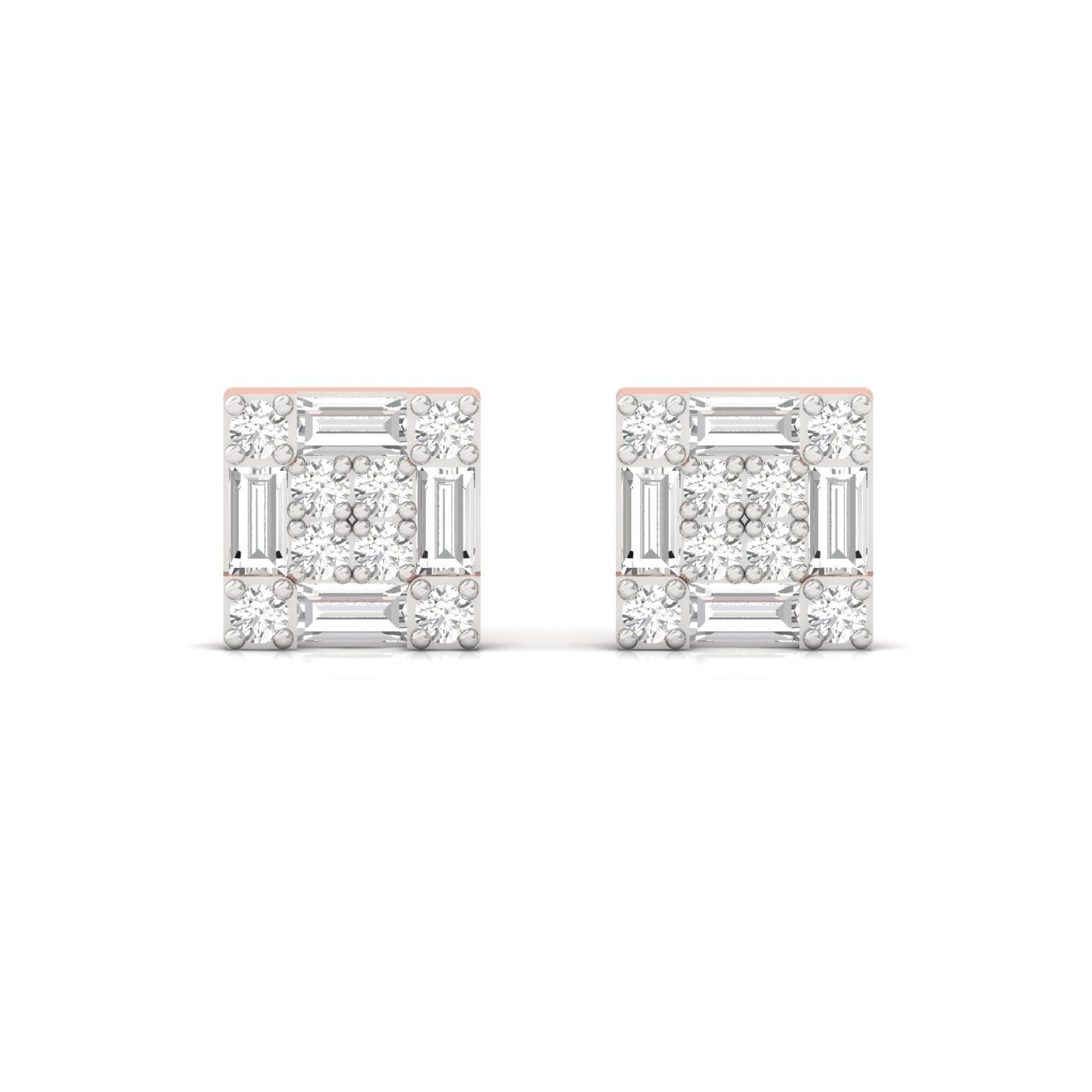 Baguette & Round Cut Diamond Square Stud Earrings (1 Pair) | Elegant Lab Grown CVD Diamond Cluster Earrings | 925 Silver | 10K | 14K | 18K - View 2