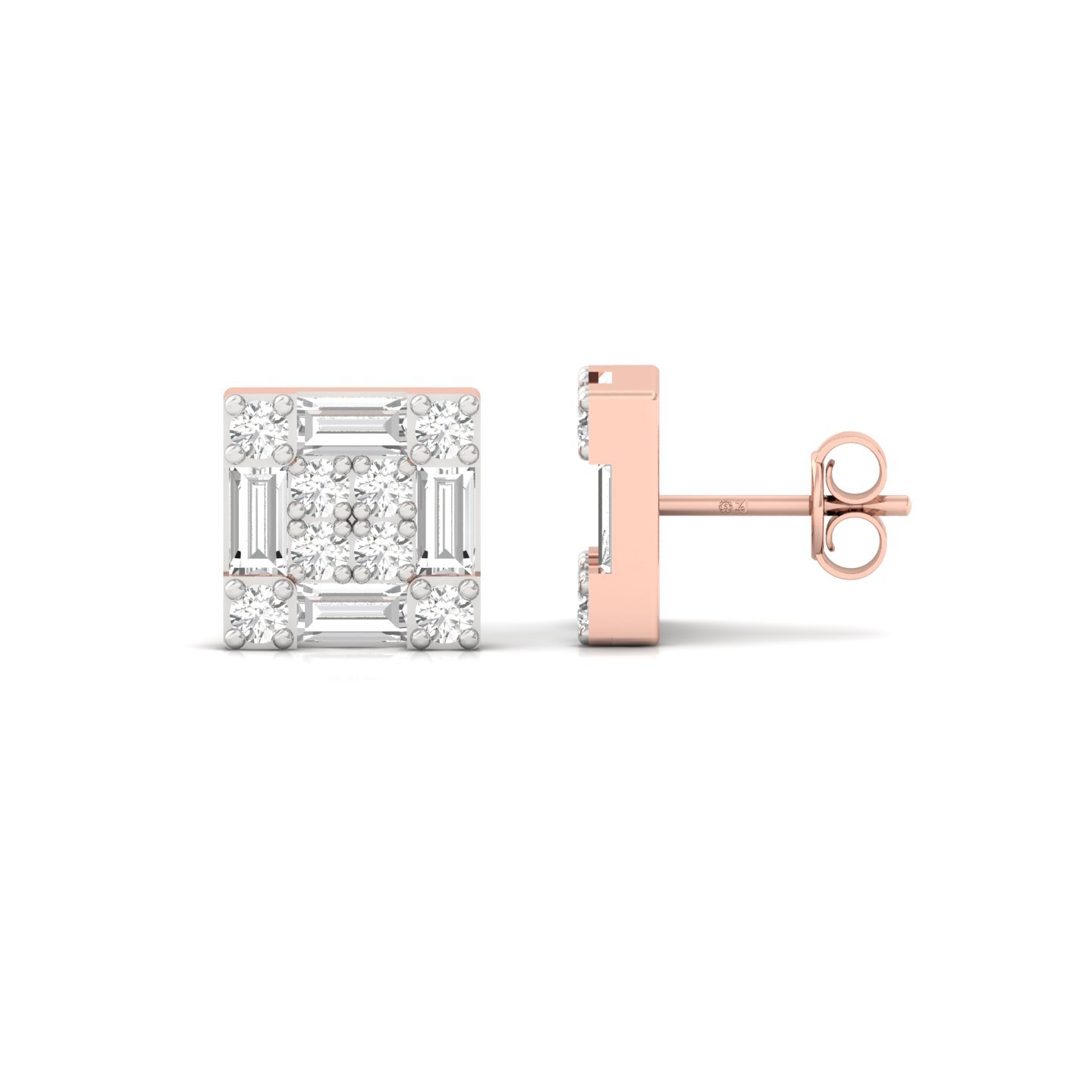 Baguette & Round Cut Diamond Square Stud Earrings (1 Pair) | Elegant Lab Grown CVD Diamond Cluster Earrings | 925 Silver | 10K | 14K | 18K - Rose Gold Main View