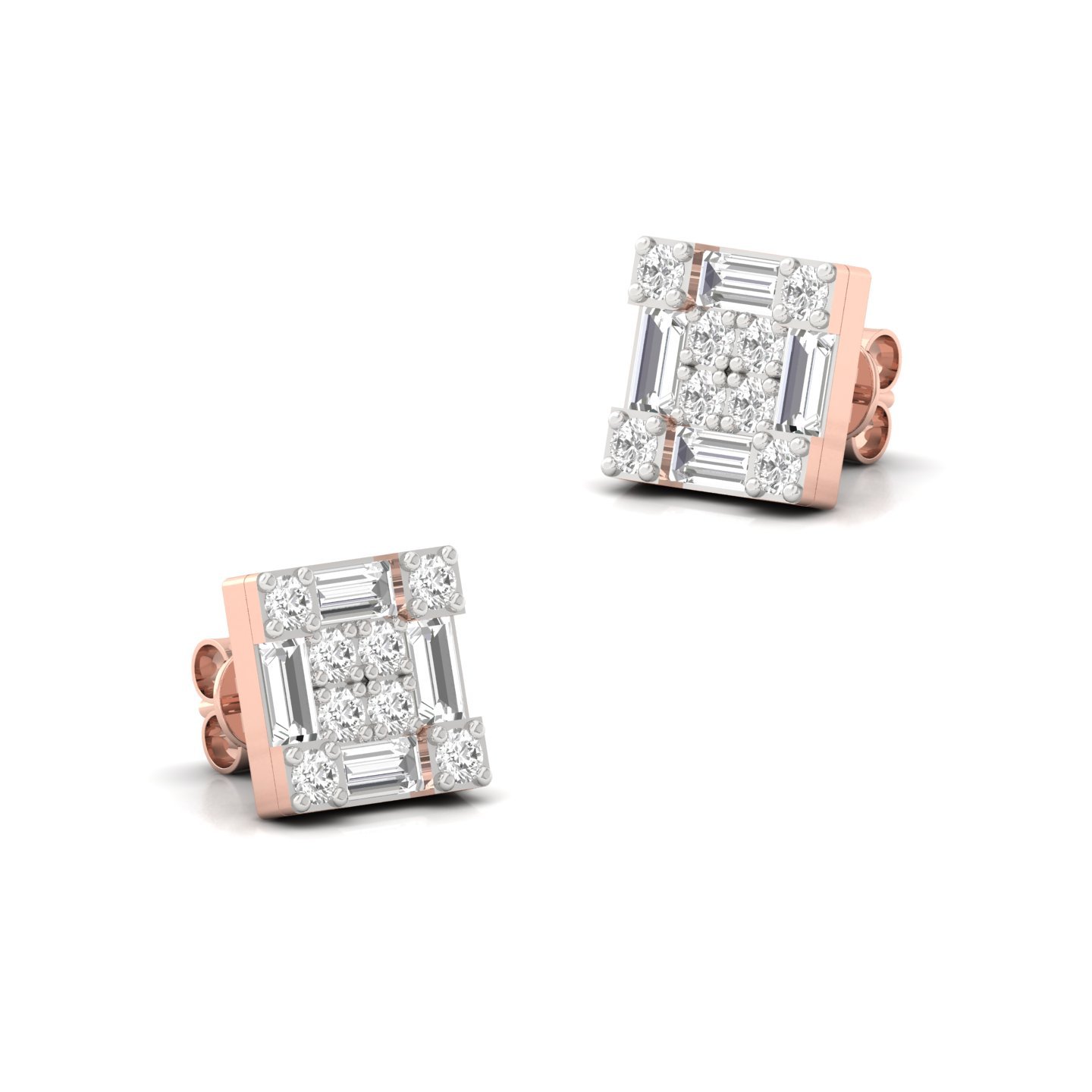 Baguette & Round Cut Diamond Square Stud Earrings (1 Pair) | Elegant Lab Grown CVD Diamond Cluster Earrings | 925 Silver | 10K | 14K | 18K - View 3