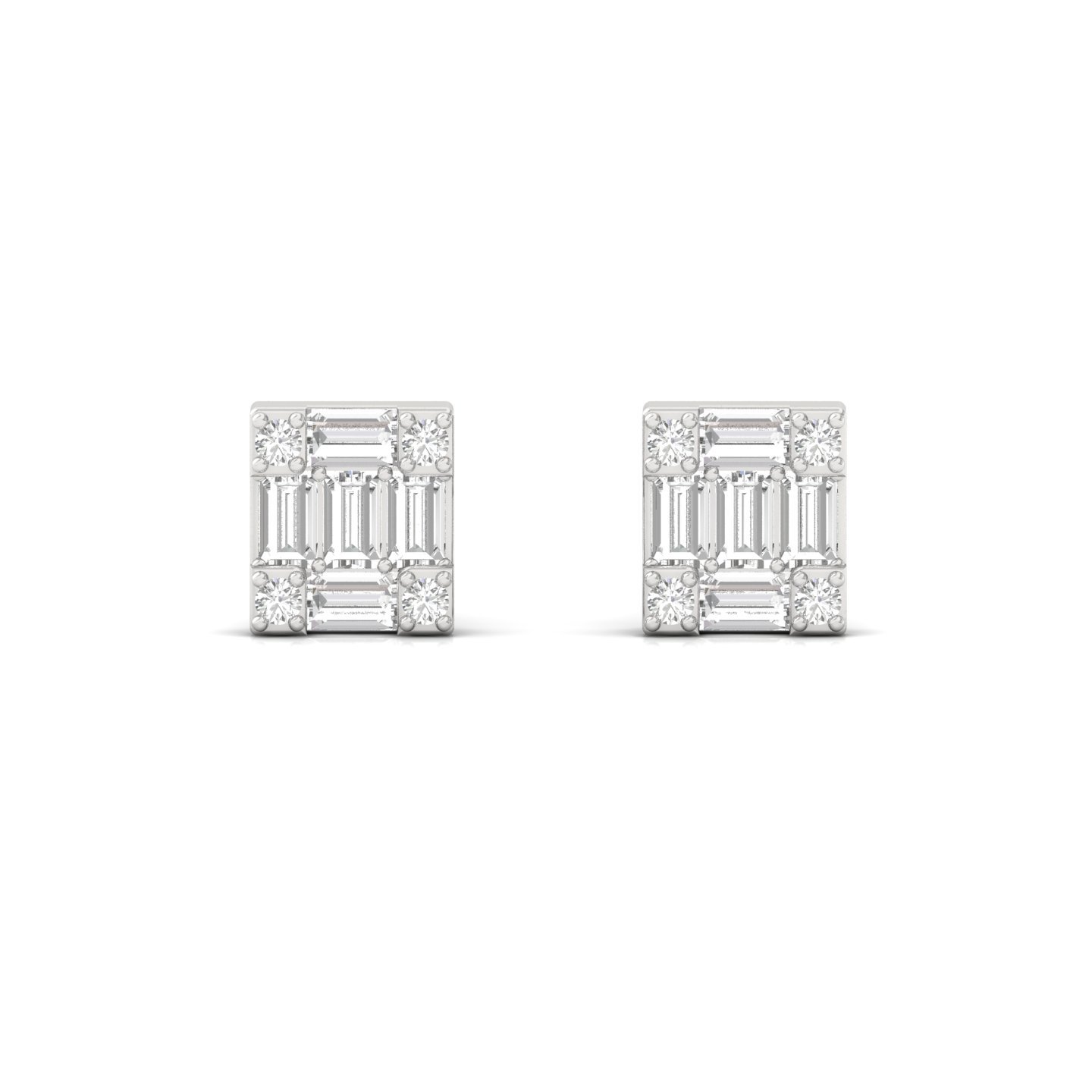 Baguette & Round Cut Diamond Square Stud Earrings (1 Pair) | Modern Lab Grown CVD Diamond Cluster Earrings | 925 Silver | 10K | 14K | 18K - View 2