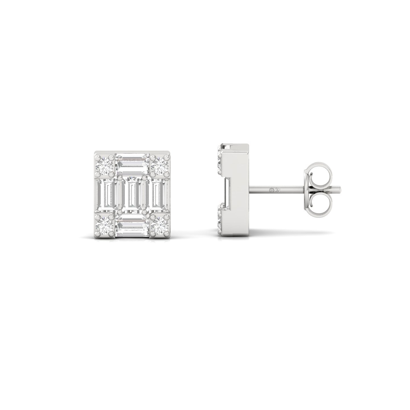 Baguette & Round Cut Diamond Square Stud Earrings (1 Pair) | Modern Lab Grown CVD Diamond Cluster Earrings | 925 Silver | 10K | 14K | 18K - Main View