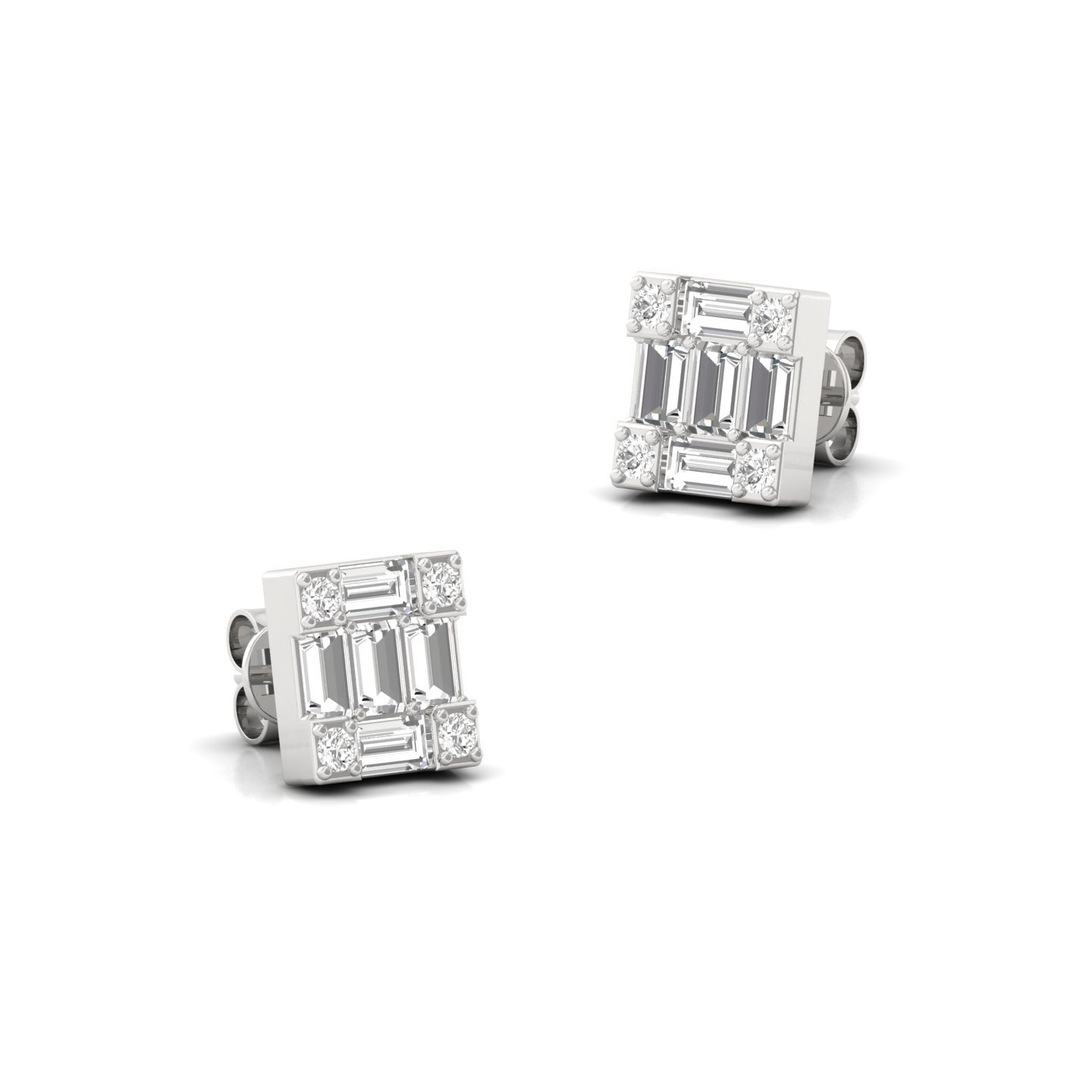 Baguette & Round Cut Diamond Square Stud Earrings (1 Pair) | Modern Lab Grown CVD Diamond Cluster Earrings | 925 Silver | 10K | 14K | 18K - View 3