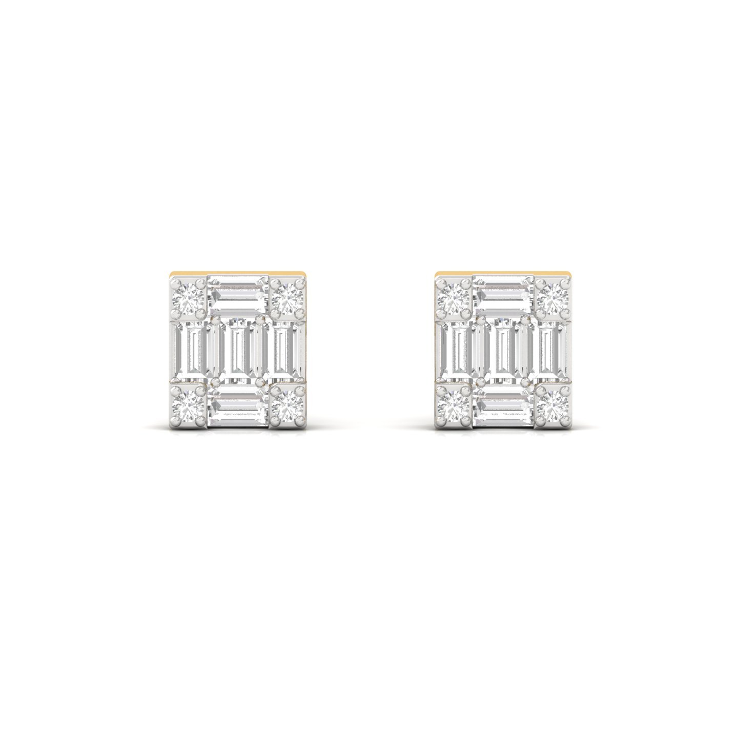 Baguette & Round Cut Diamond Square Stud Earrings (1 Pair) | Modern Lab Grown CVD Diamond Cluster Earrings | 925 Silver | 10K | 14K | 18K - View 2
