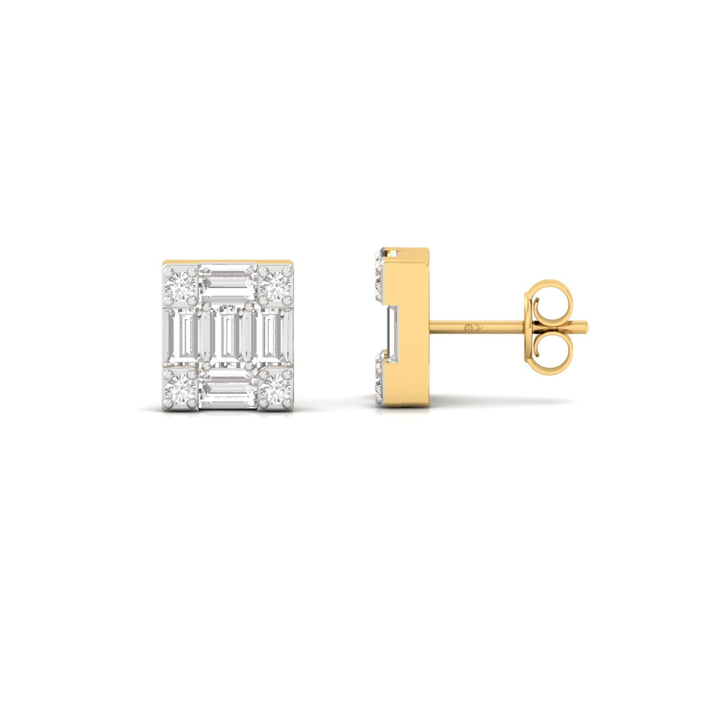 Baguette & Round Cut Diamond Square Stud Earrings (1 Pair) | Modern Lab Grown CVD Diamond Cluster Earrings | 925 Silver | 10K | 14K | 18K - Gold Main View