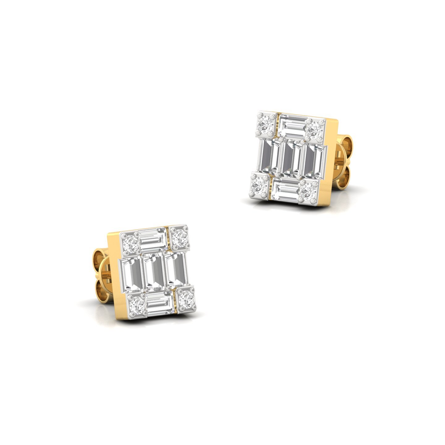 Baguette & Round Cut Diamond Square Stud Earrings (1 Pair) | Modern Lab Grown CVD Diamond Cluster Earrings | 925 Silver | 10K | 14K | 18K - View 3