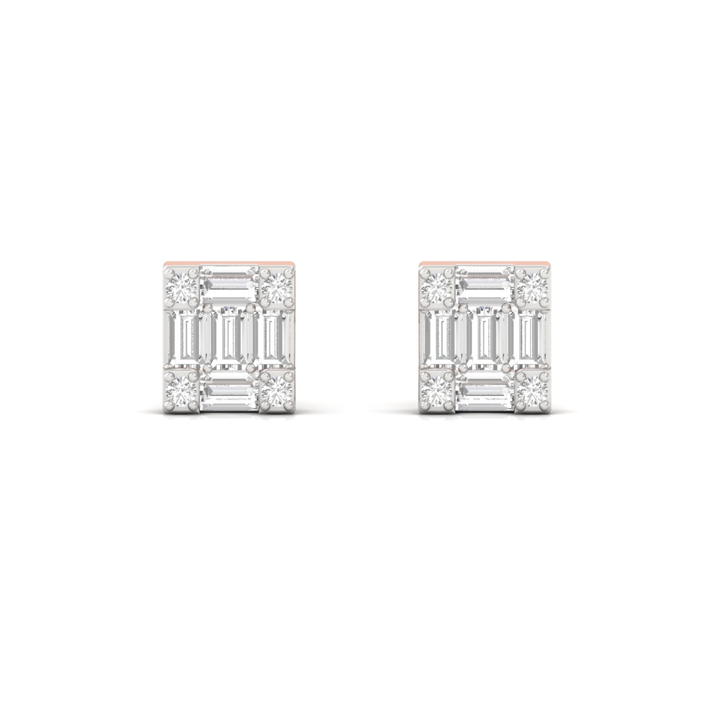 Baguette & Round Cut Diamond Square Stud Earrings (1 Pair) | Modern Lab Grown CVD Diamond Cluster Earrings | 925 Silver | 10K | 14K | 18K - View 2