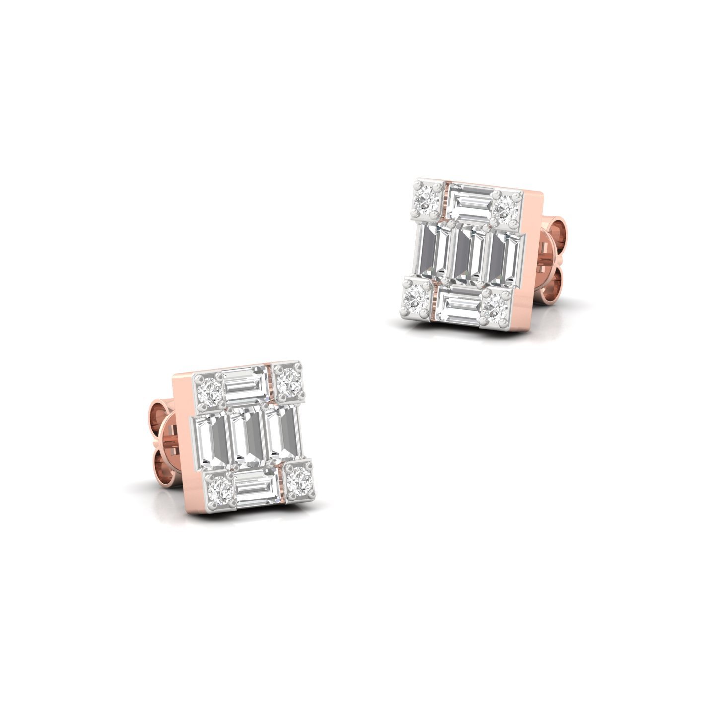 Baguette & Round Cut Diamond Square Stud Earrings (1 Pair) | Modern Lab Grown CVD Diamond Cluster Earrings | 925 Silver | 10K | 14K | 18K - View 3