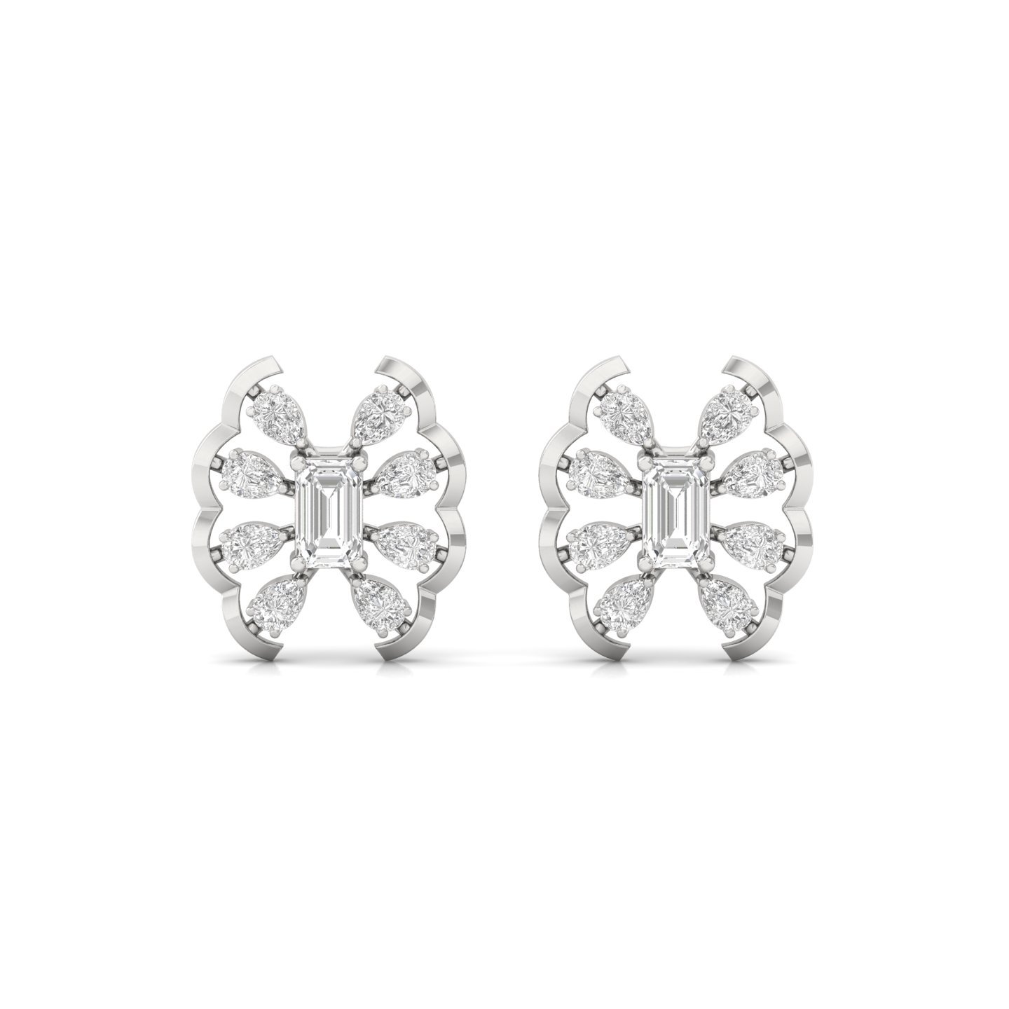 Emerald & Pear Cut Diamond Cluster Stud Earrings (1 Pair) | Lab Grown CVD Diamond Statement Earrings | 925 Silver | 10K | 14K | 18K - View 2