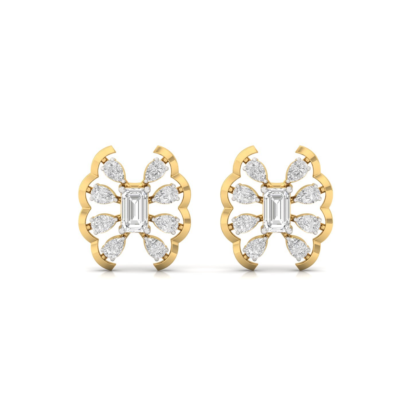 Emerald & Pear Cut Diamond Cluster Stud Earrings (1 Pair) | Lab Grown CVD Diamond Statement Earrings | 925 Silver | 10K | 14K | 18K - View 2