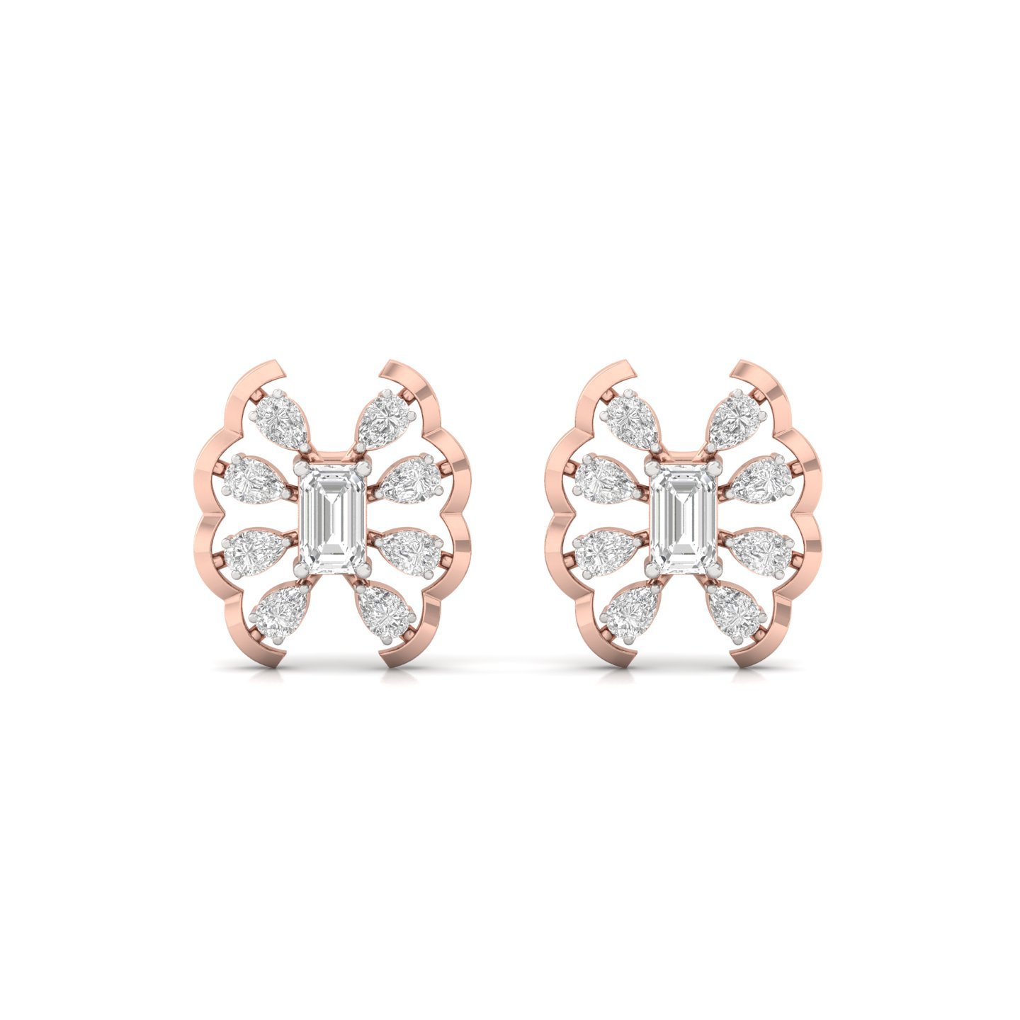 Emerald & Pear Cut Diamond Cluster Stud Earrings (1 Pair) | Lab Grown CVD Diamond Statement Earrings | 925 Silver | 10K | 14K | 18K - View 2