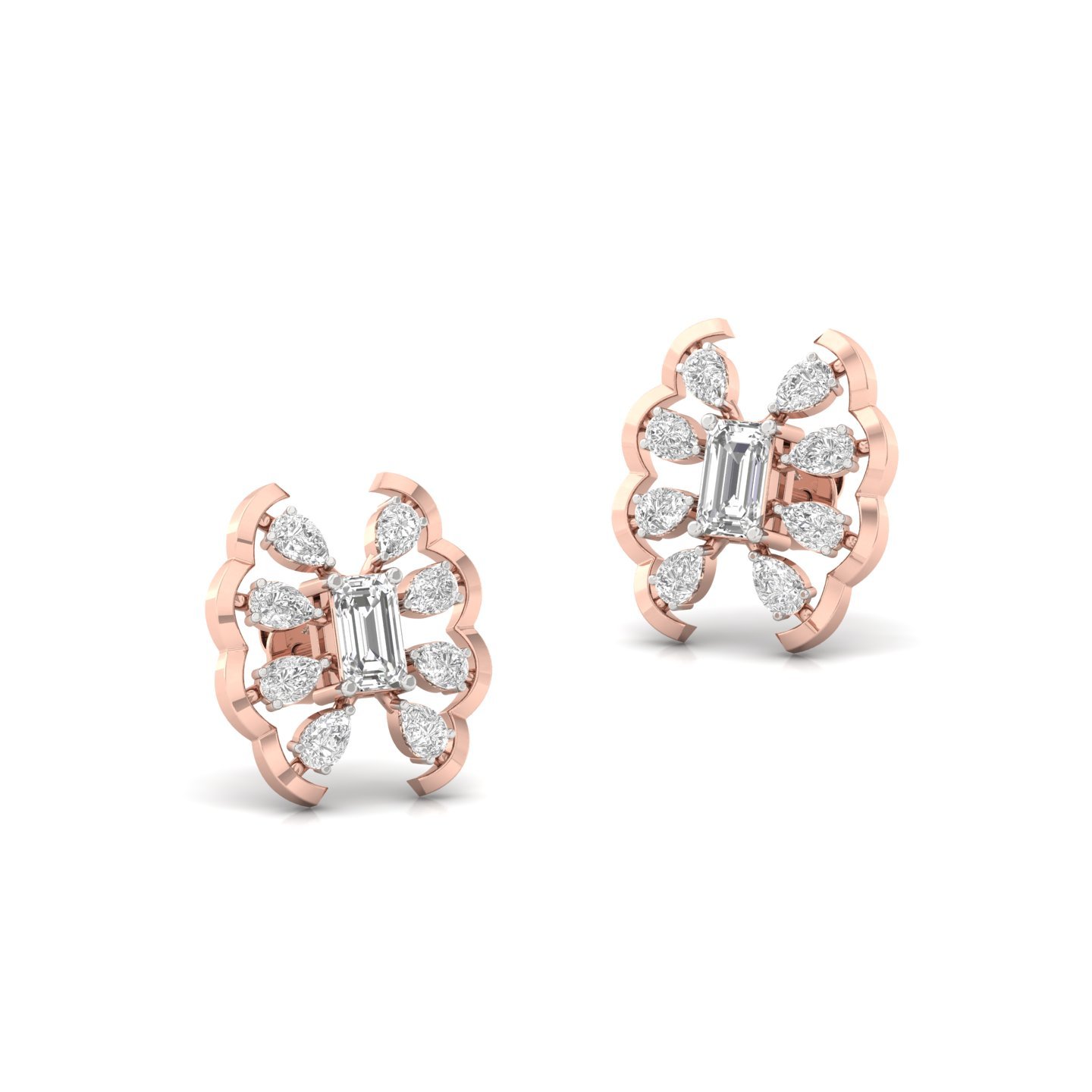 Emerald & Pear Cut Diamond Cluster Stud Earrings (1 Pair) | Lab Grown CVD Diamond Statement Earrings | 925 Silver | 10K | 14K | 18K - View 3