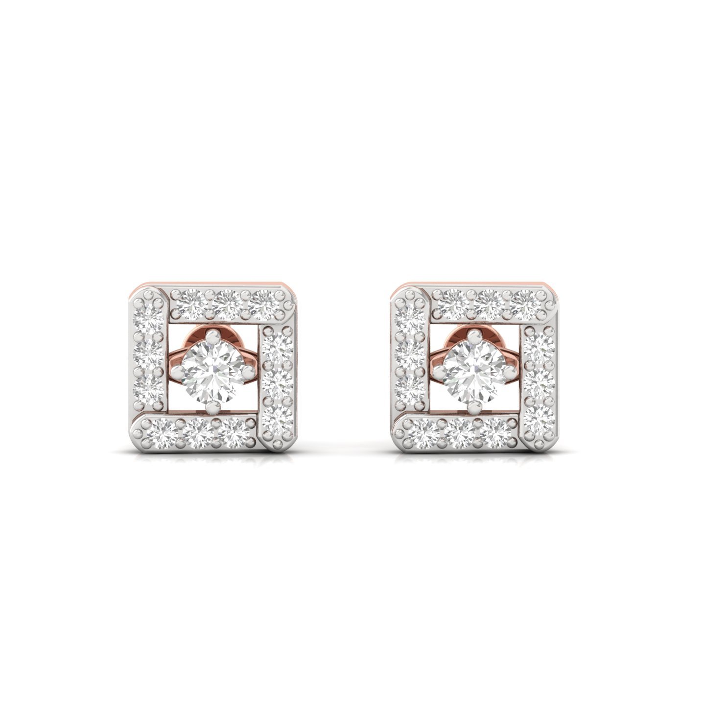 Round Cut Diamond Square Halo Stud Earrings (1 Pair) | Lab Grown CVD Diamond Geometric Studs | 925 Silver | 10K | 14K | 18K - View 2