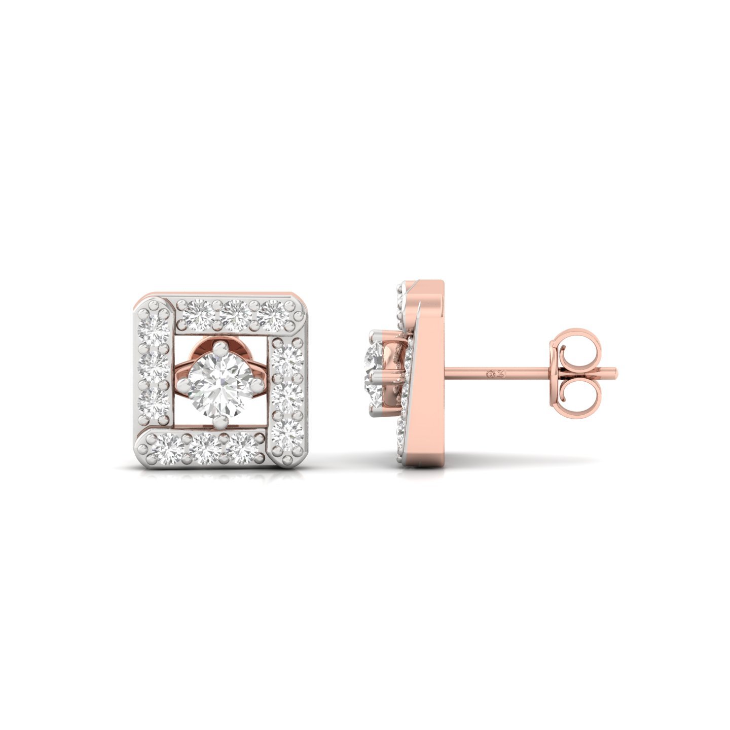 Round Cut Diamond Square Halo Stud Earrings (1 Pair) | Lab Grown CVD Diamond Geometric Studs | 925 Silver | 10K | 14K | 18K - Rose Gold Main View