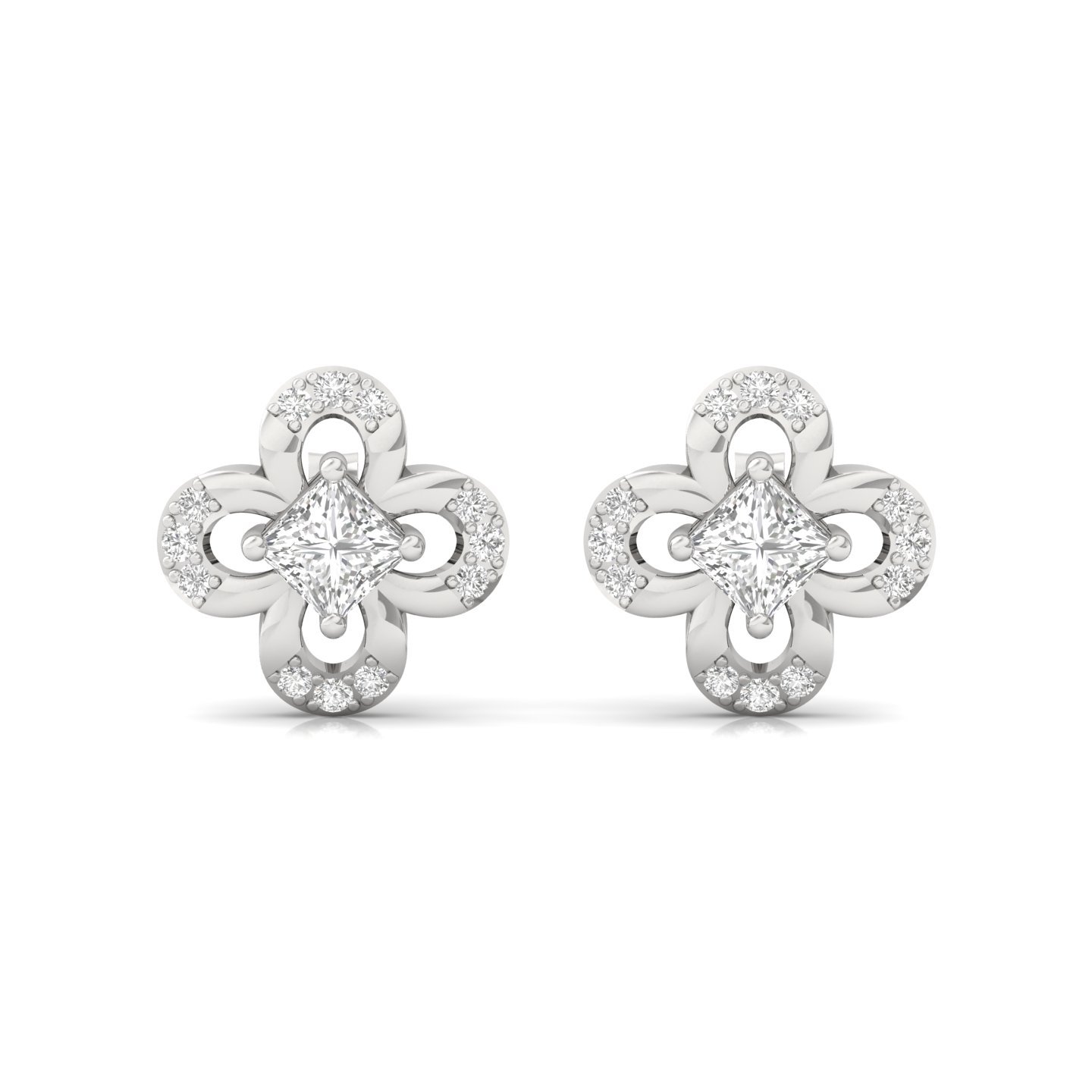 Princess & Round Cut Diamond Floral Stud Earrings (1 Pair) | Lab Grown CVD Diamond Elegant Studs | 925 Silver | 10K | 14K | 18K - View 2