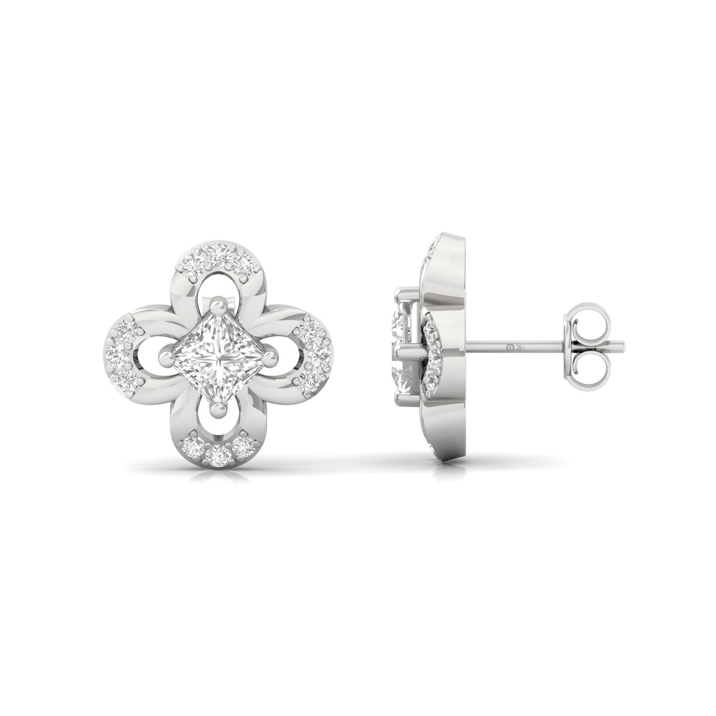 Princess & Round Cut Diamond Floral Stud Earrings (1 Pair) | Lab Grown CVD Diamond Elegant Studs | 925 Silver | 10K | 14K | 18K - Main View
