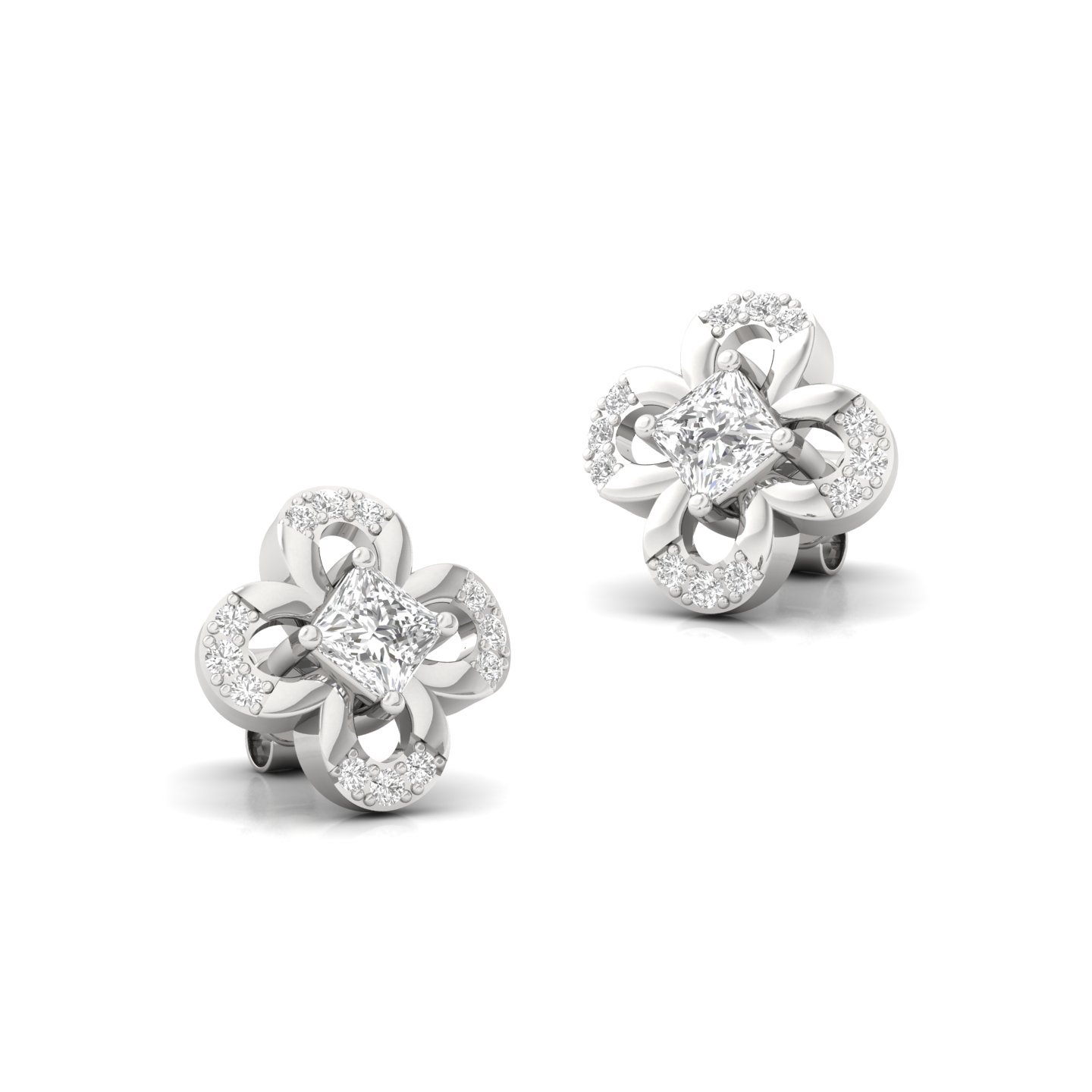 Princess & Round Cut Diamond Floral Stud Earrings (1 Pair) | Lab Grown CVD Diamond Elegant Studs | 925 Silver | 10K | 14K | 18K - View 3