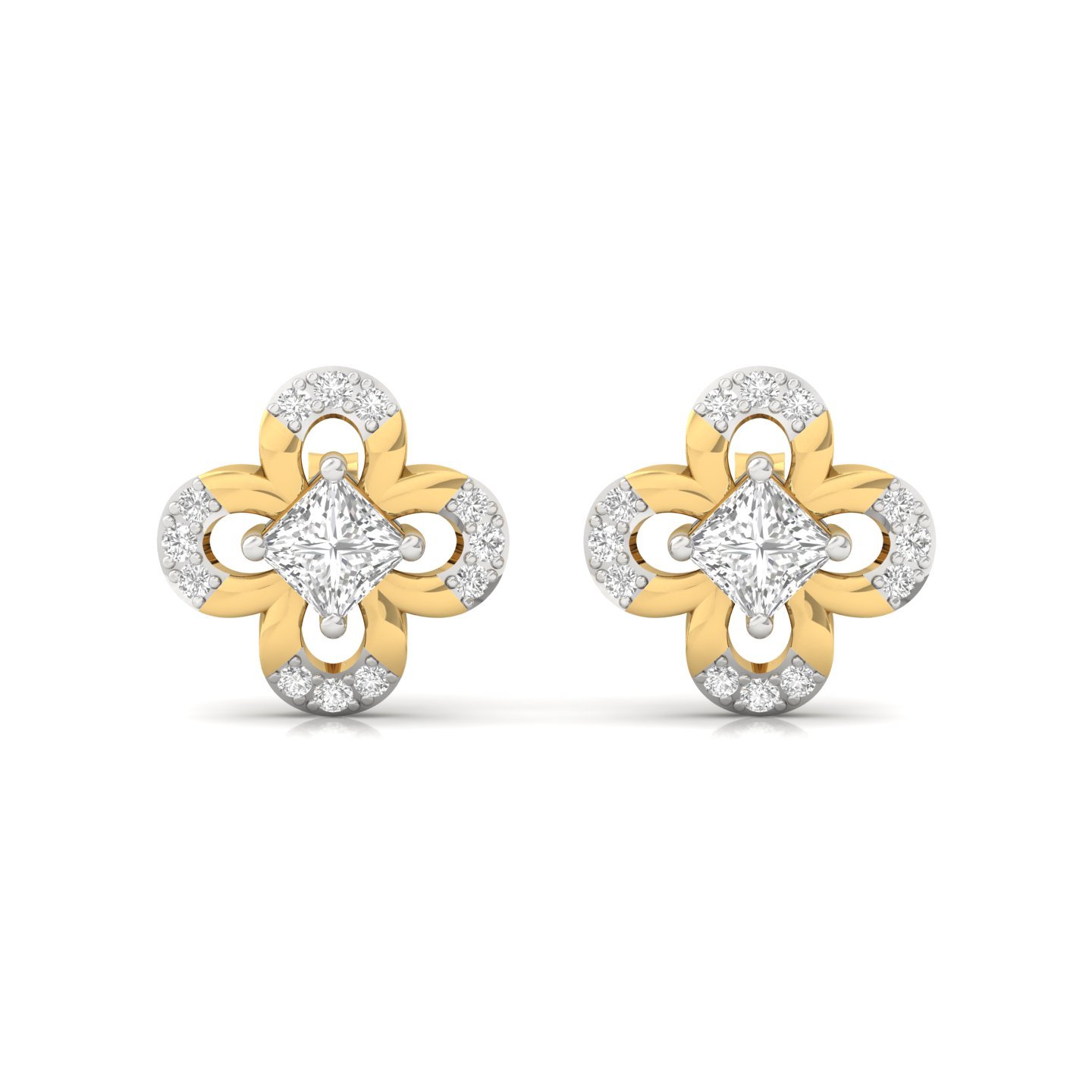 Princess & Round Cut Diamond Floral Stud Earrings (1 Pair) | Lab Grown CVD Diamond Elegant Studs | 925 Silver | 10K | 14K | 18K - View 2