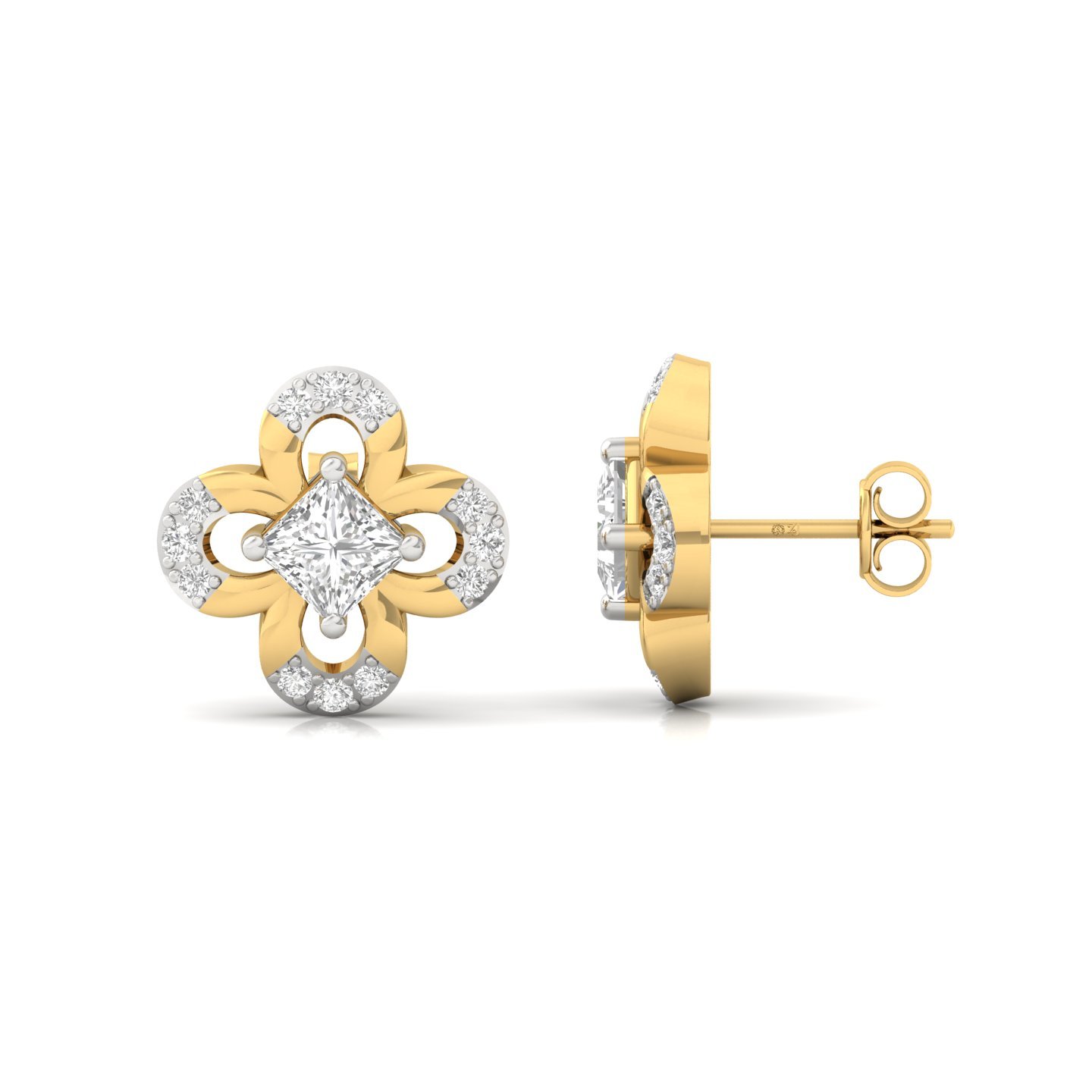Princess & Round Cut Diamond Floral Stud Earrings (1 Pair) | Lab Grown CVD Diamond Elegant Studs | 925 Silver | 10K | 14K | 18K - Gold Main View