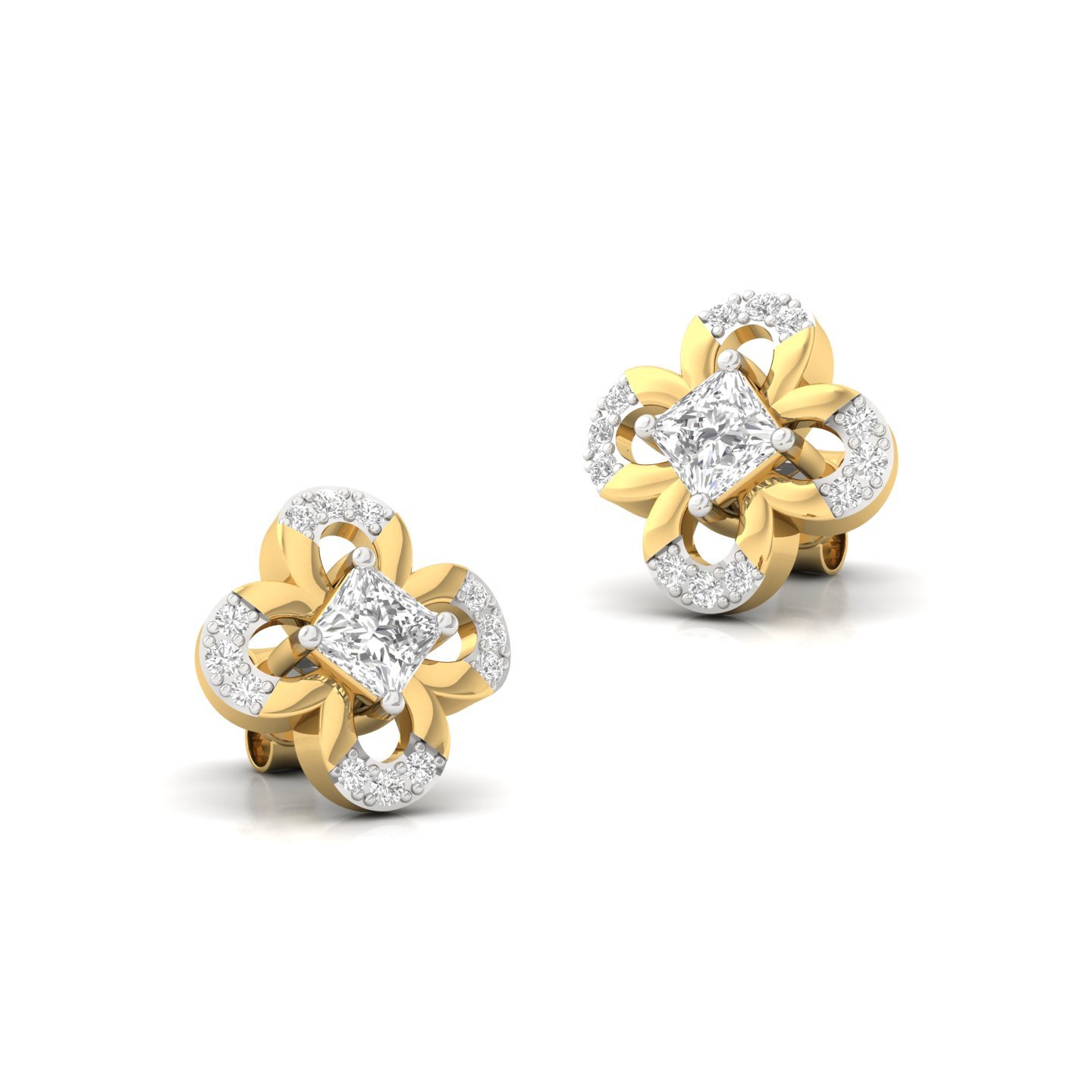 Princess & Round Cut Diamond Floral Stud Earrings (1 Pair) | Lab Grown CVD Diamond Elegant Studs | 925 Silver | 10K | 14K | 18K - View 3