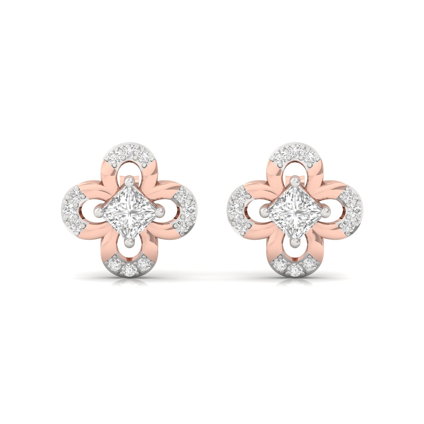 Princess & Round Cut Diamond Floral Stud Earrings (1 Pair) | Lab Grown CVD Diamond Elegant Studs | 925 Silver | 10K | 14K | 18K - View 2