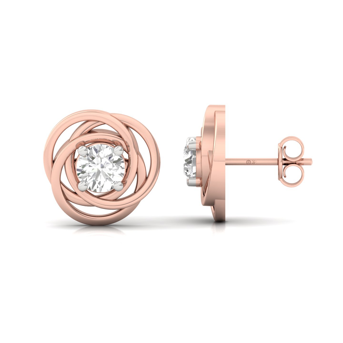 Round Cut Diamond Stud Earrings (1 Pair) | Twisted Halo Lab Grown CVD Diamond Solitaire Earrings | 925 Silver | 10K | 14K | 18K - Rose Gold Main View
