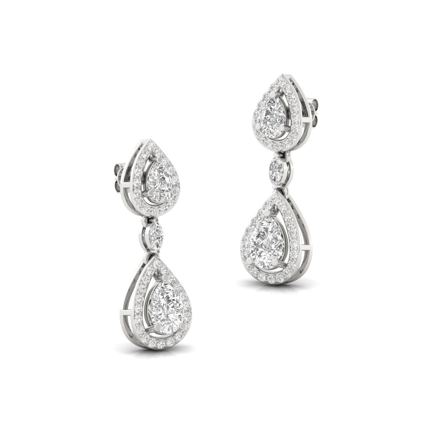 Pear & Marquise Drop Diamond Earrings | Lab Grown Double Teardrop Halo Earrings | 27mm Long Statement Studs | 925 Silver | 10K | 14K | 18K - View 3