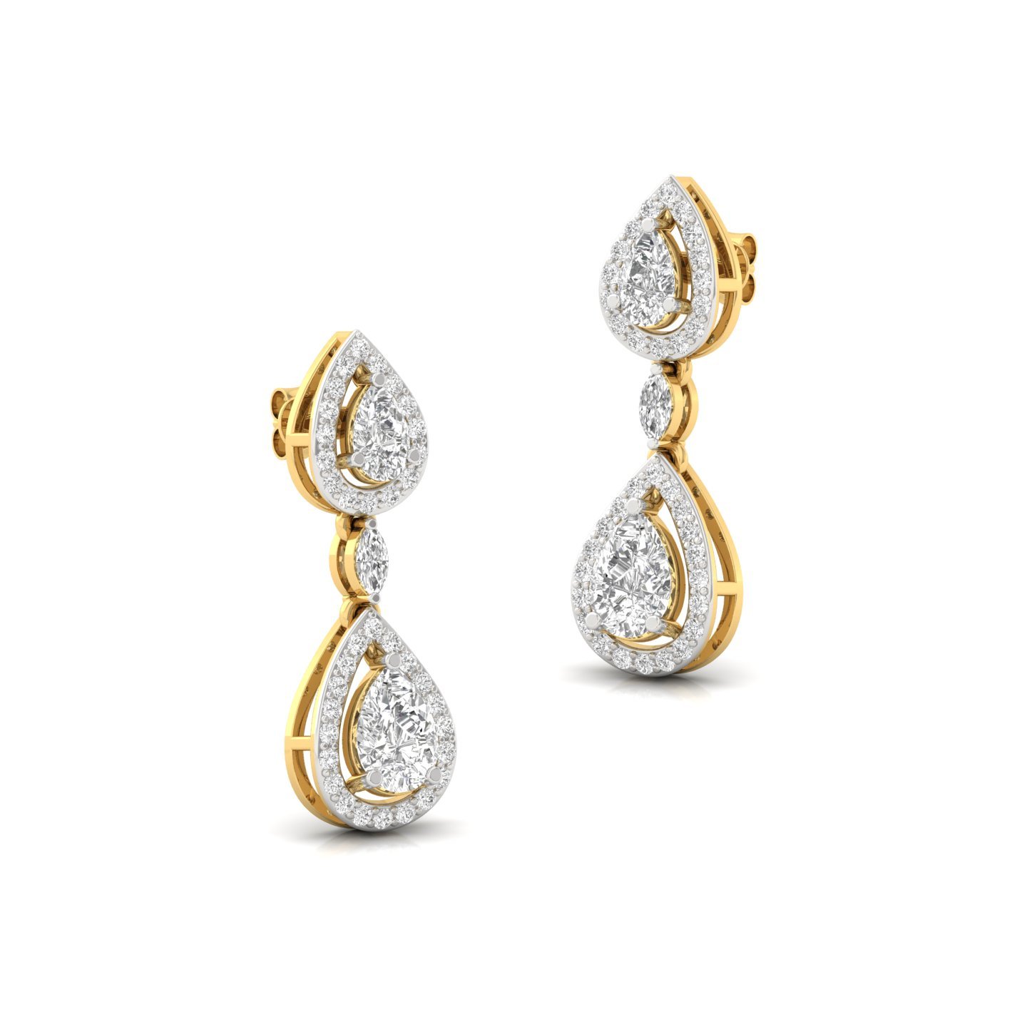 Pear & Marquise Drop Diamond Earrings | Lab Grown Double Teardrop Halo Earrings | 27mm Long Statement Studs | 925 Silver | 10K | 14K | 18K - View 3