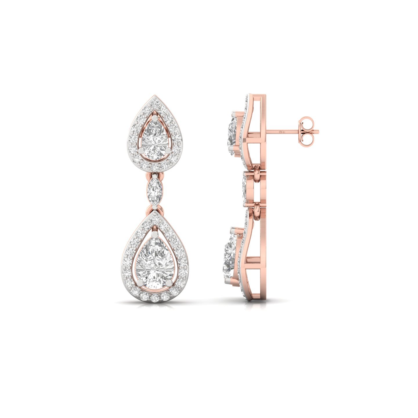 Pear & Marquise Drop Diamond Earrings | Lab Grown Double Teardrop Halo Earrings | 27mm Long Statement Studs | 925 Silver | 10K | 14K | 18K - Rose Gold Main View