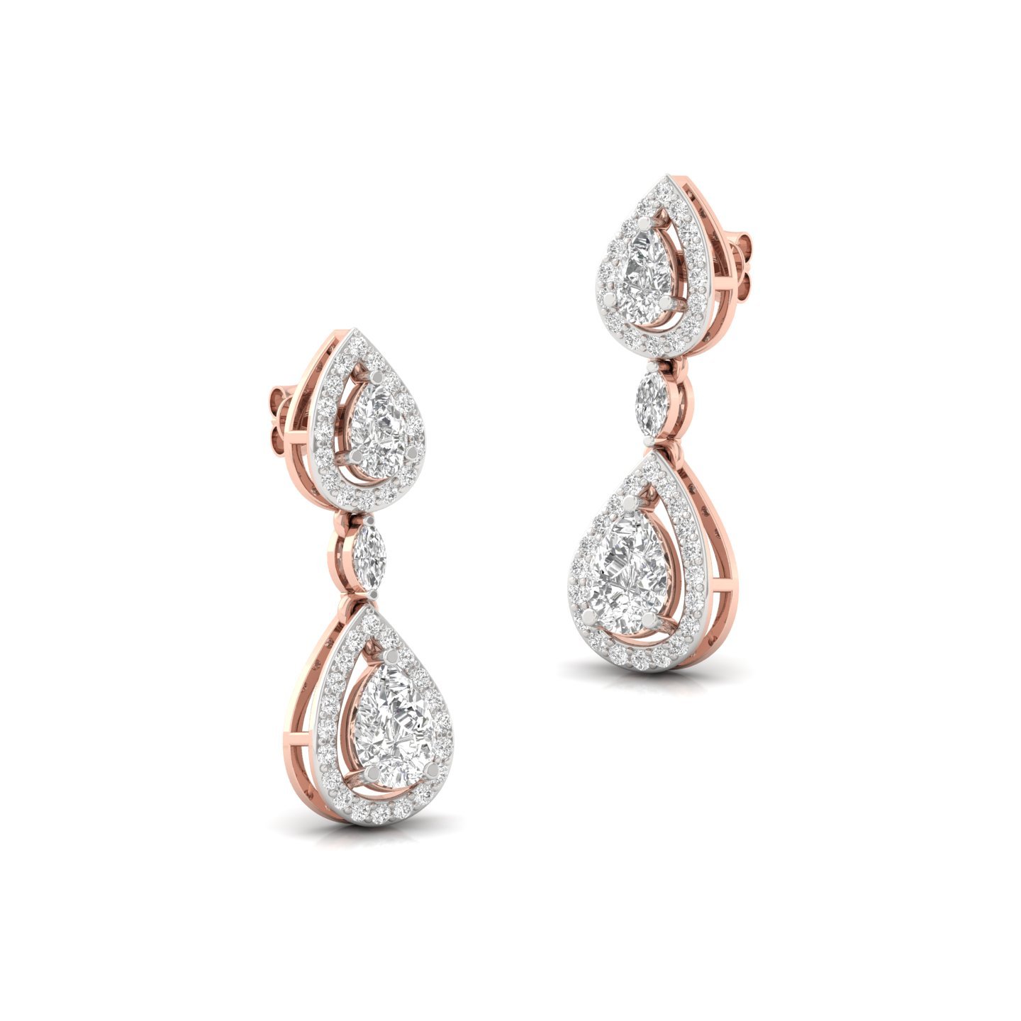 Pear & Marquise Drop Diamond Earrings | Lab Grown Double Teardrop Halo Earrings | 27mm Long Statement Studs | 925 Silver | 10K | 14K | 18K - View 3