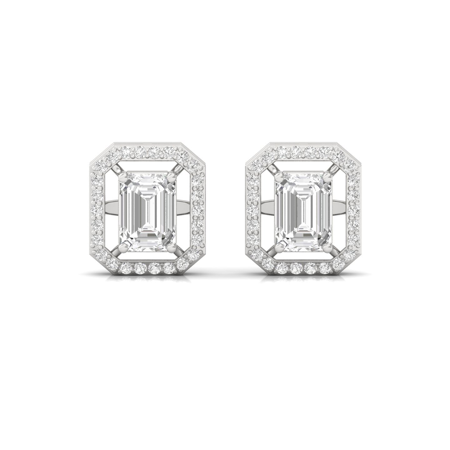 Emerald Cut Halo Diamond Earrings | Lab Grown Diamond Octagon Studs | 11.8mm Statement Earrings | 925 Silver | 10K | 14K | 18K - View 2