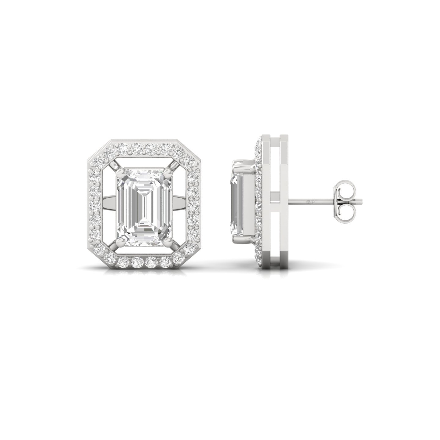 Emerald Cut Halo Diamond Earrings | Lab Grown Diamond Octagon Studs | 11.8mm Statement Earrings | 925 Silver | 10K | 14K | 18K - Main View