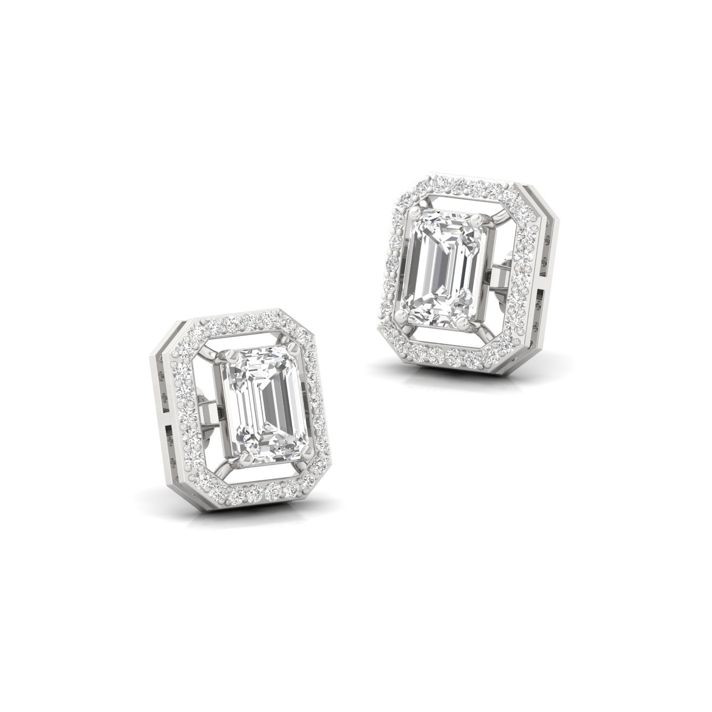 Emerald Cut Halo Diamond Earrings | Lab Grown Diamond Octagon Studs | 11.8mm Statement Earrings | 925 Silver | 10K | 14K | 18K - View 3
