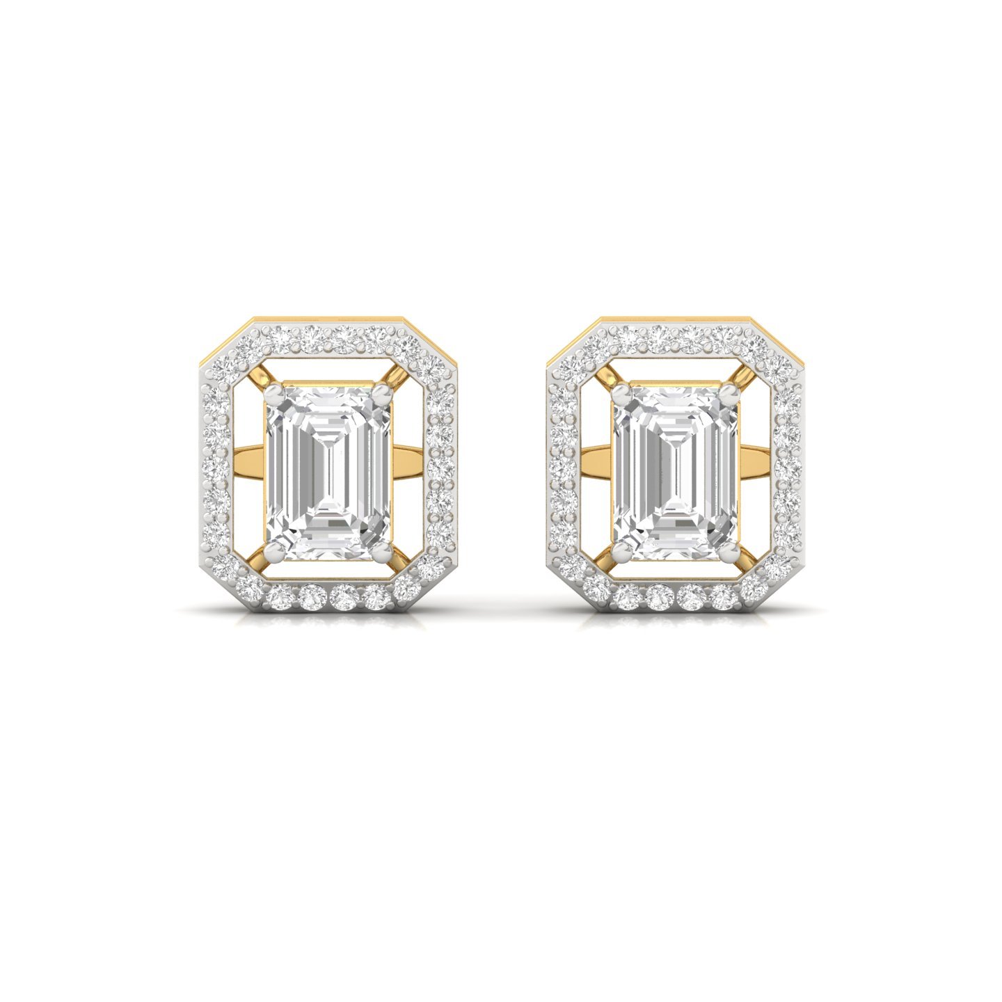 Emerald Cut Halo Diamond Earrings | Lab Grown Diamond Octagon Studs | 11.8mm Statement Earrings | 925 Silver | 10K | 14K | 18K - View 2