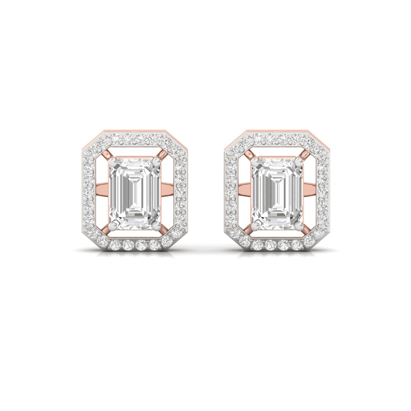 Emerald Cut Halo Diamond Earrings | Lab Grown Diamond Octagon Studs | 11.8mm Statement Earrings | 925 Silver | 10K | 14K | 18K - View 2