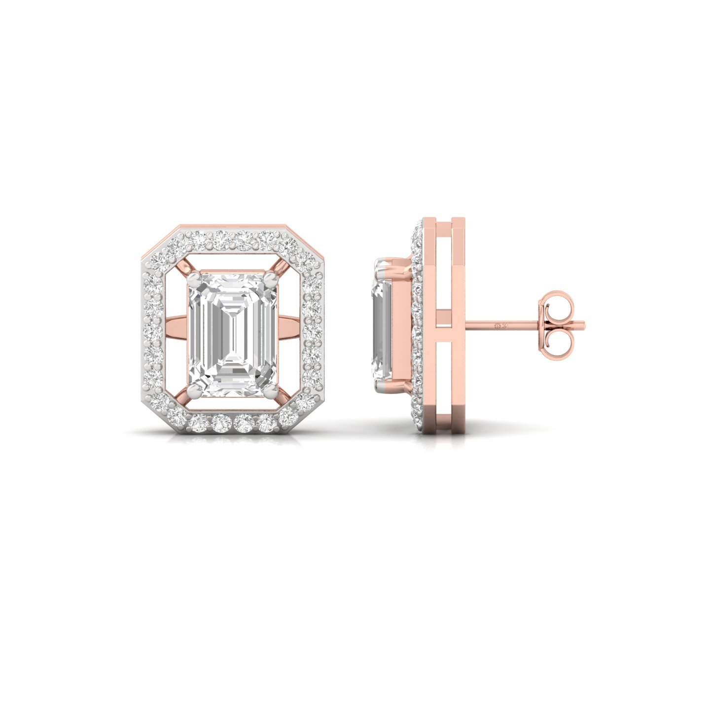 Emerald Cut Halo Diamond Earrings | Lab Grown Diamond Octagon Studs | 11.8mm Statement Earrings | 925 Silver | 10K | 14K | 18K - Rose Gold Main View