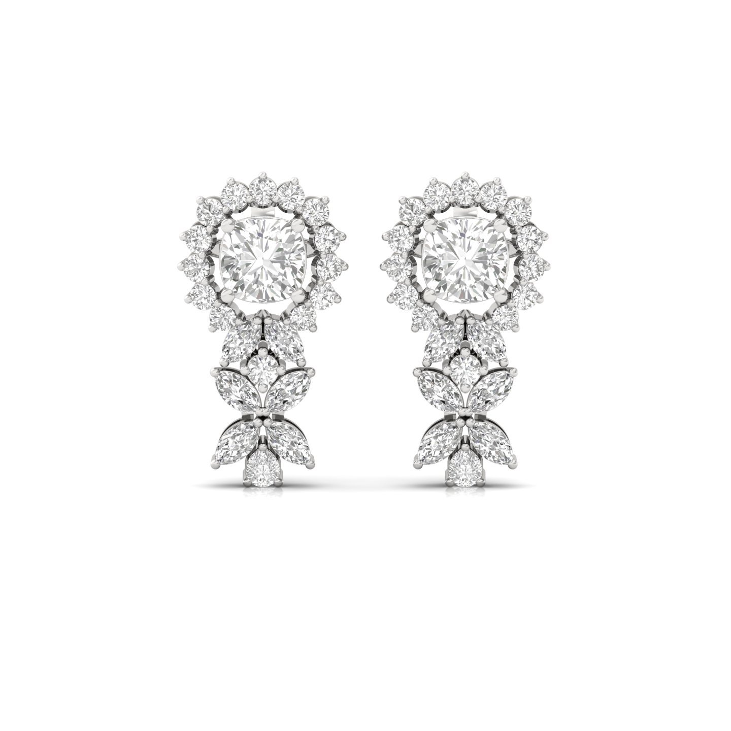 Cushion Cut Diamond Drop Earrings (1 Pair) | Lab Grown CVD Diamond Halo & Marquise Earrings | 925 Silver | 10K | 14K | 18K - View 2