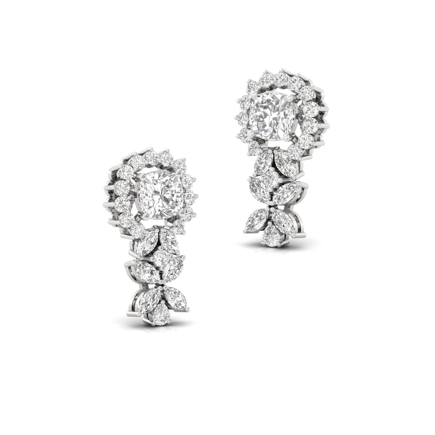 Cushion Cut Diamond Drop Earrings (1 Pair) | Lab Grown CVD Diamond Halo & Marquise Earrings | 925 Silver | 10K | 14K | 18K - View 3
