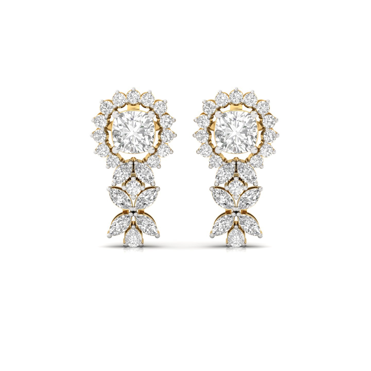 Cushion Cut Diamond Drop Earrings (1 Pair) | Lab Grown CVD Diamond Halo & Marquise Earrings | 925 Silver | 10K | 14K | 18K - View 2